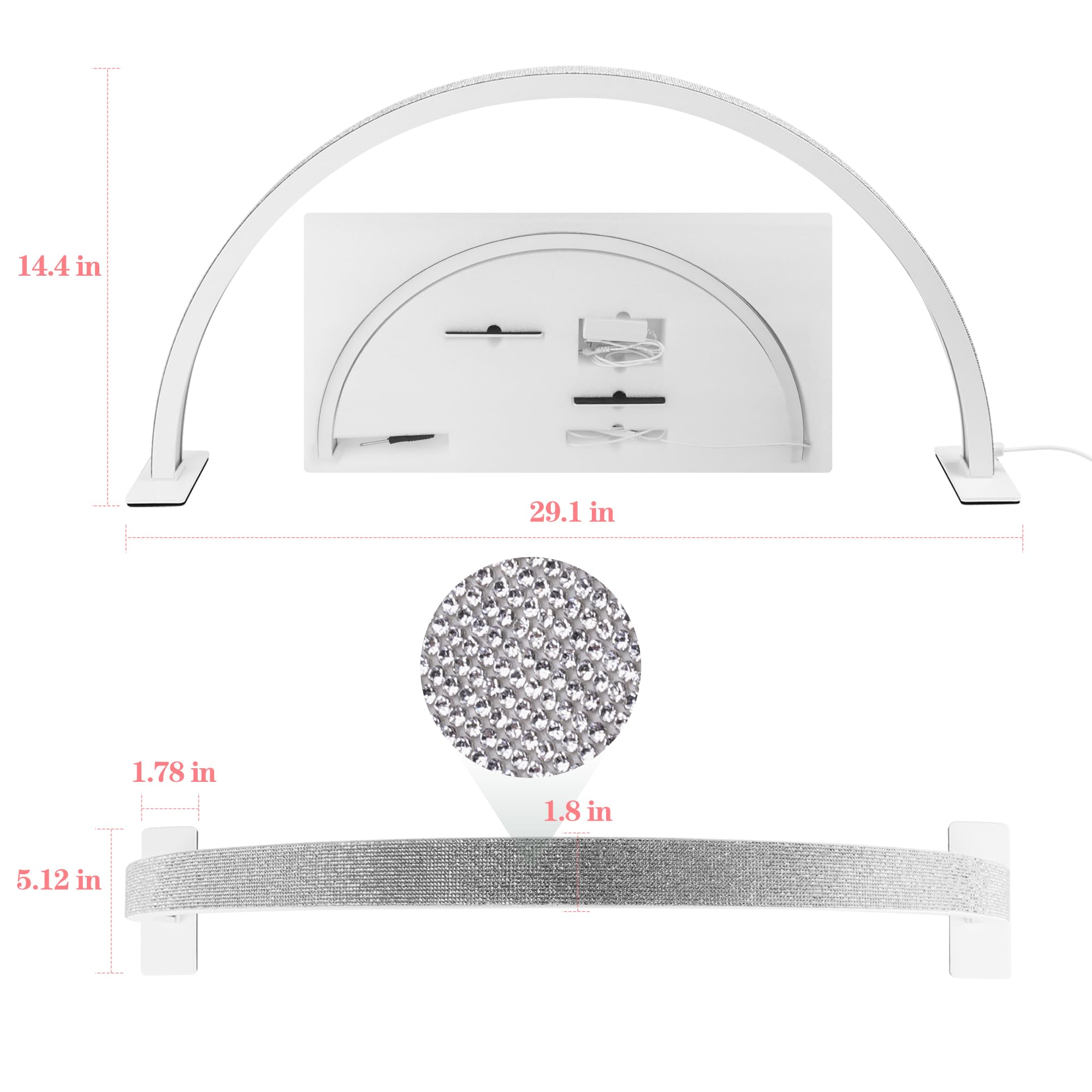 XXCFG 29in Half Moon Nail Desk Light, Adjustable 2700K-5600K, Silver Tattoo & Eyelash Lamp for Salon & Home, Crystal Diamond Design