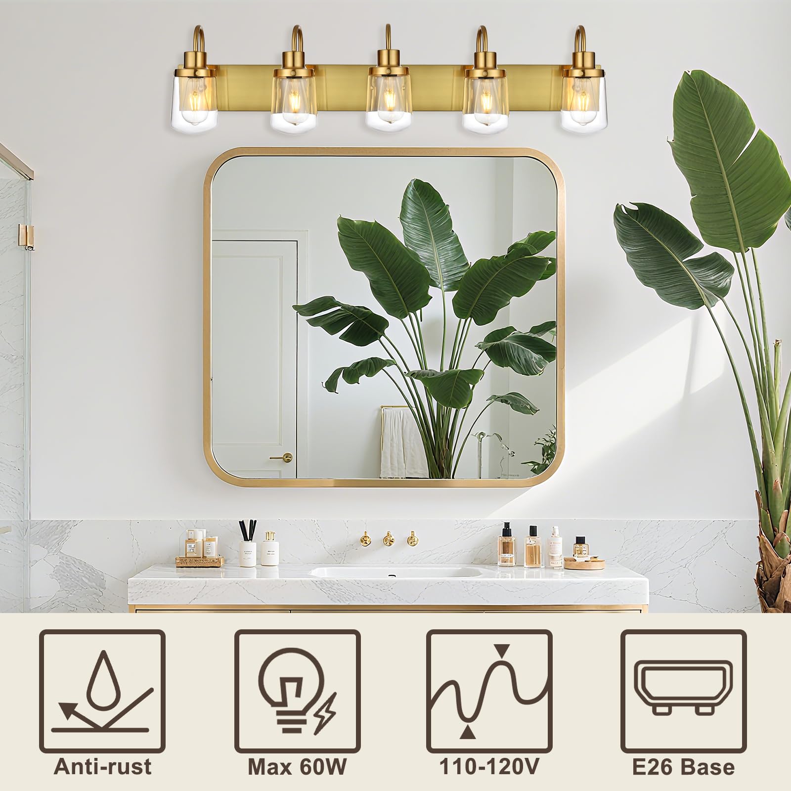 Yaohong 5-Light Bathroom Vanity Light Fixtures, Brushed Gold, Glass Shade, Model AT9064WL5-YB