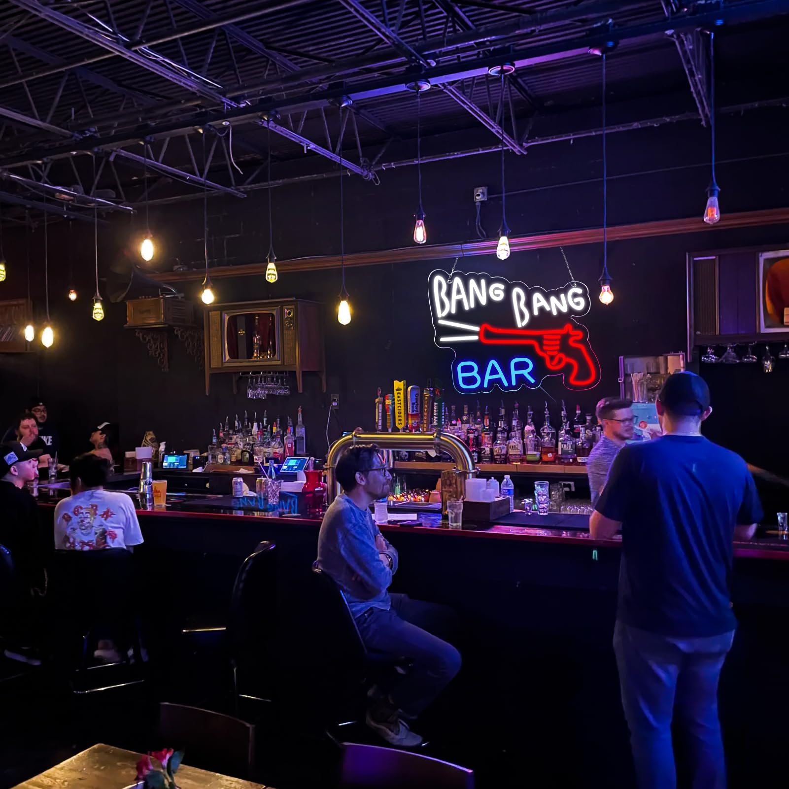 JFLLamp Neon Sign - BANG BANG BAR Wall Decor, 12.2x15.4 Inch, Blue/Red/White, LED Light for Bedroom, Pub, Restaurant, Christmas Gift