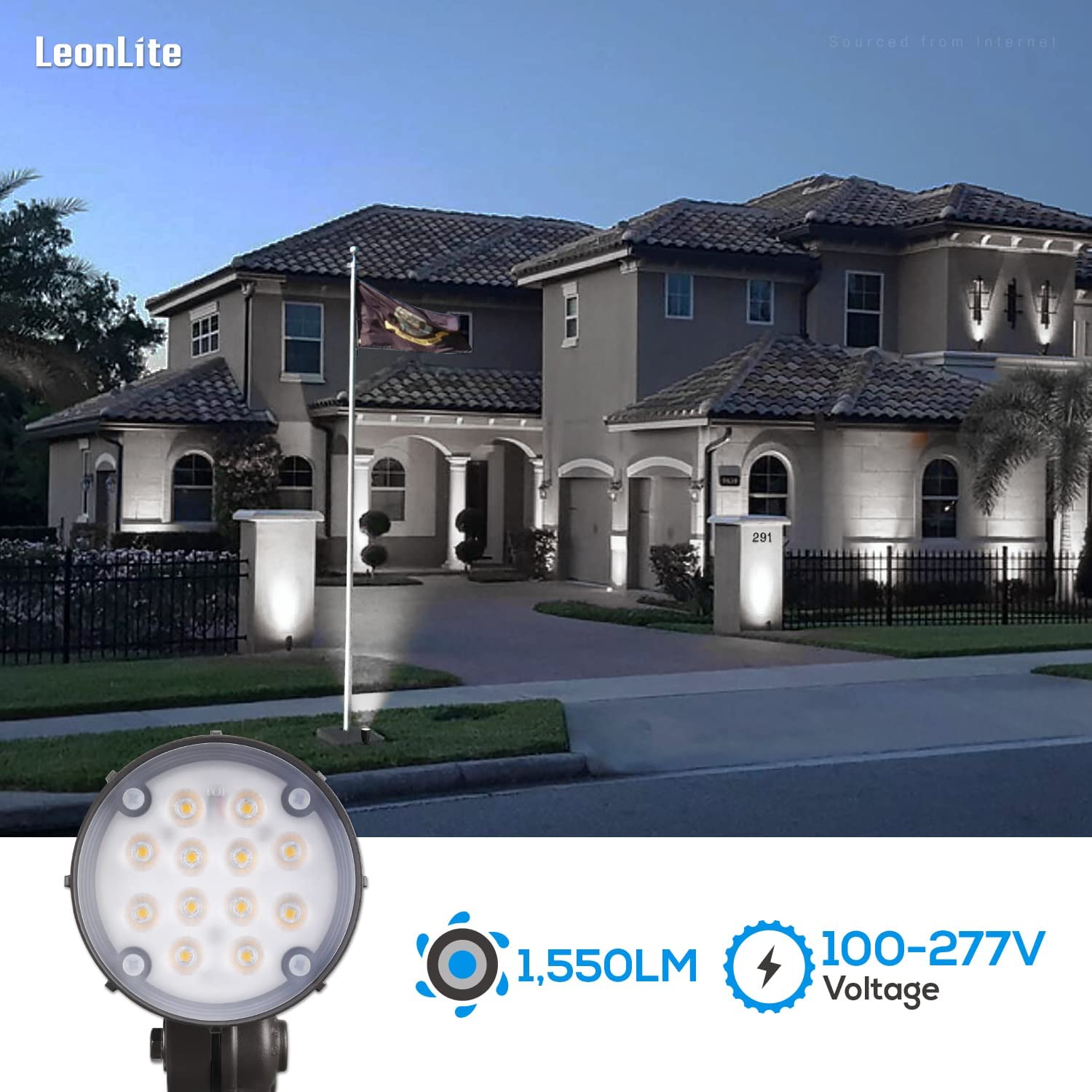 Leonlite 12W Led Bullet Flood Light With Knuckle Mount, 80W Eqv. 1550Lm 5000K Daylight, 100-277V Commercial Outdoor Weatherproof Landscape Light, Flag Pole Light, Ul-Listed, Bronze