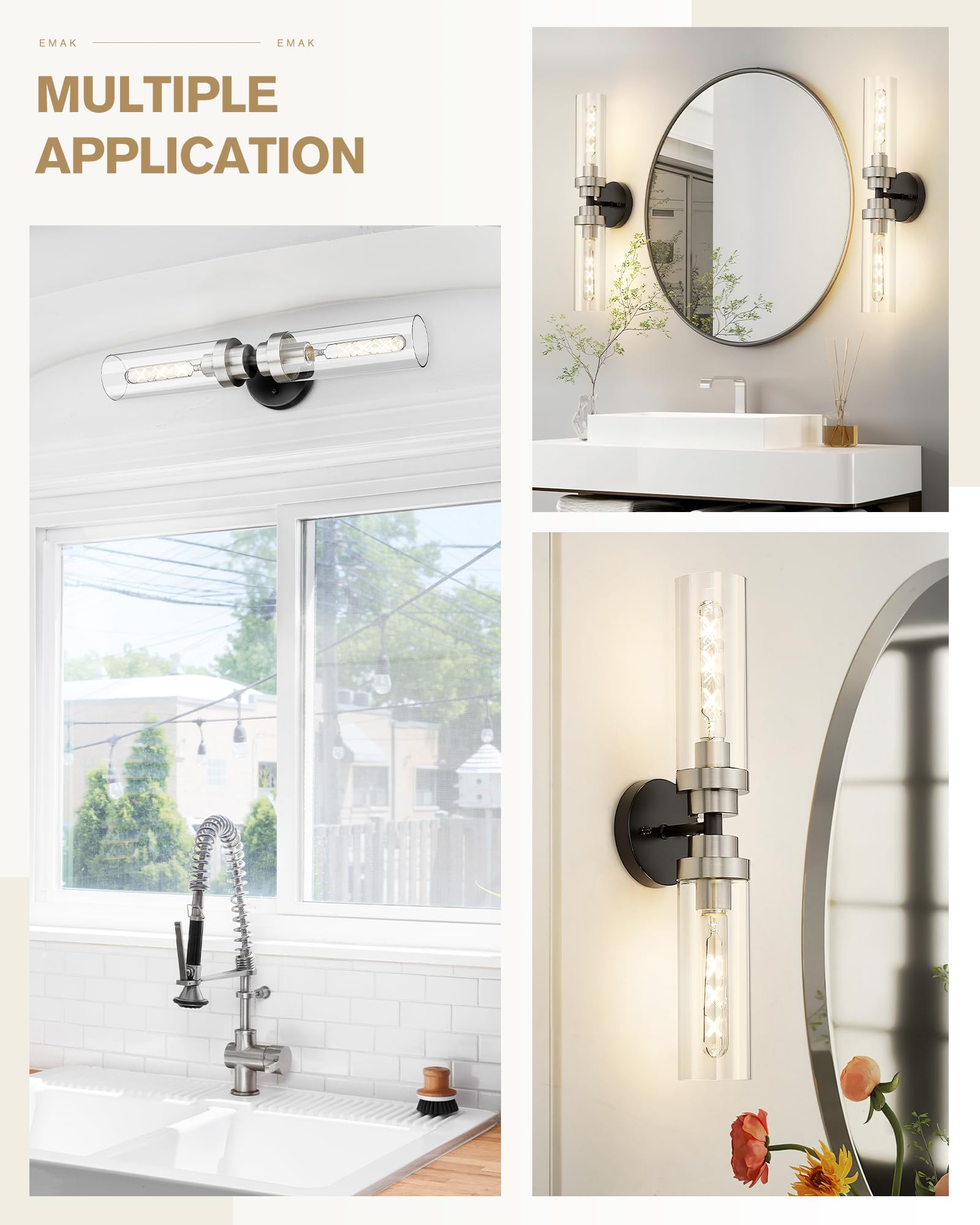 Emak 22 Inch Black And Brushed Nickel Vanity Lights For Mirror, Modern Bathroom Light Fixtures With Clear Glass Shade, 2-Light W