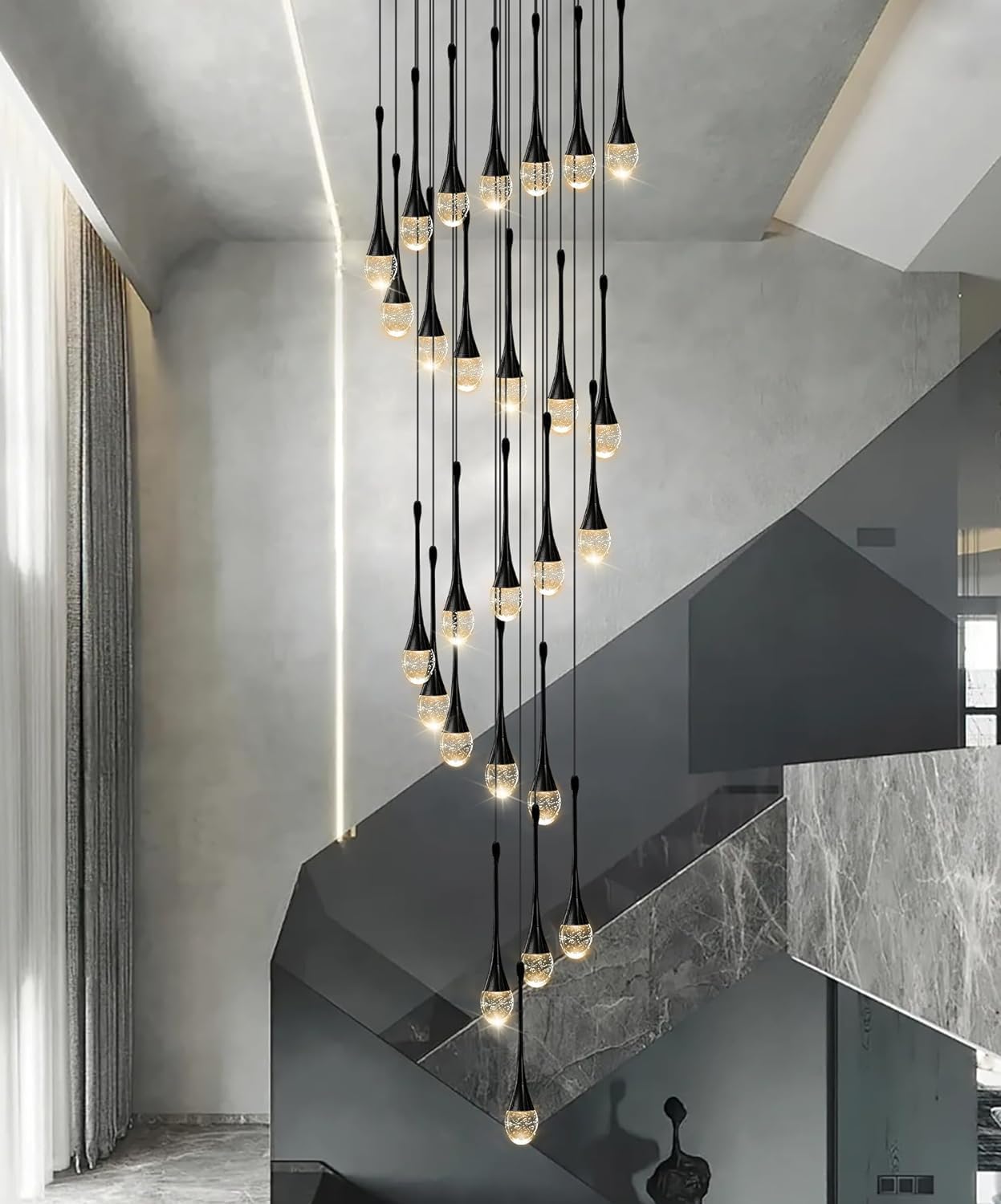 Ykolupty 150'' Long Staircase Crystal Pendant Chandeliers 36Light Black Column Crystal Chandeliers Foyer Entrance High Ceiling Hanging Chandelier 2700-6000K Dimmable Fixtures Led Big Chandeliers…