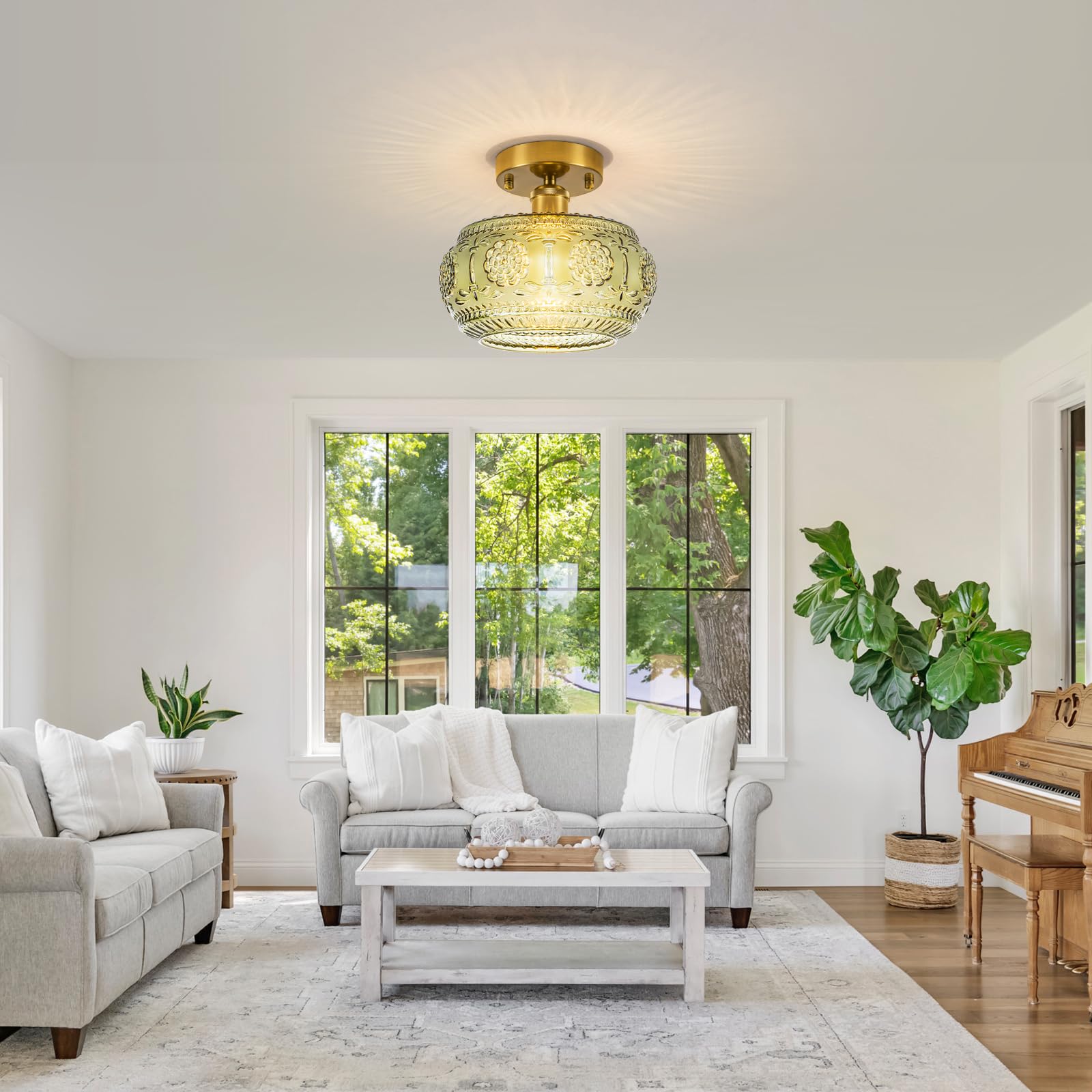 Tbaoinla Semi Flush Mount Ceiling Light Fixture - Brass & Gold Floral Design  Green Glass Shade  Vintage Modern Lighting For Kitchen  Bathroom  Entryway (Bulb Not Included)