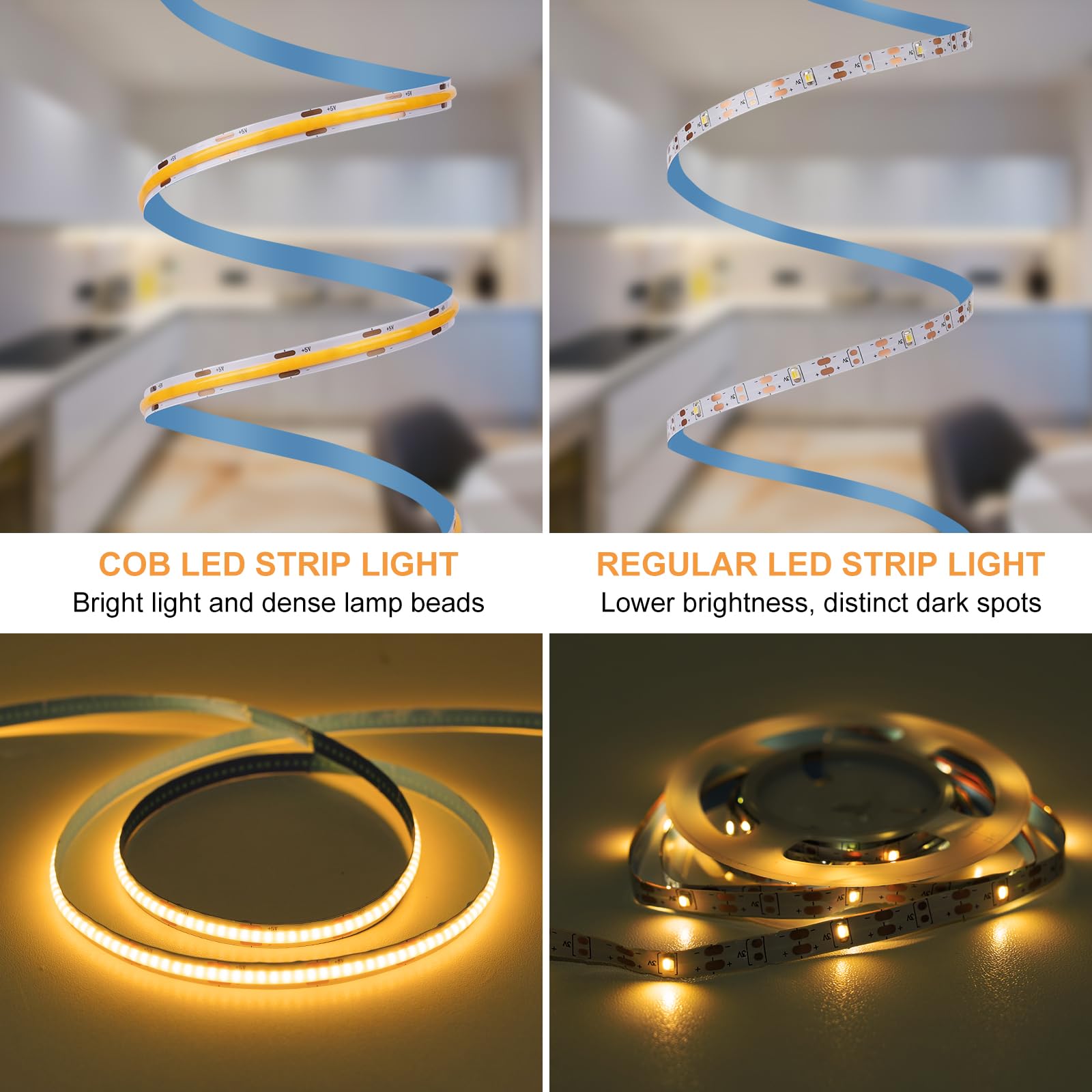 OMIKA COB LED Strip Lights, 6.56FT 640LED, 2700K Warm White, Battery Powered, Remote Control, Dimmable, Flexible, Cuttable