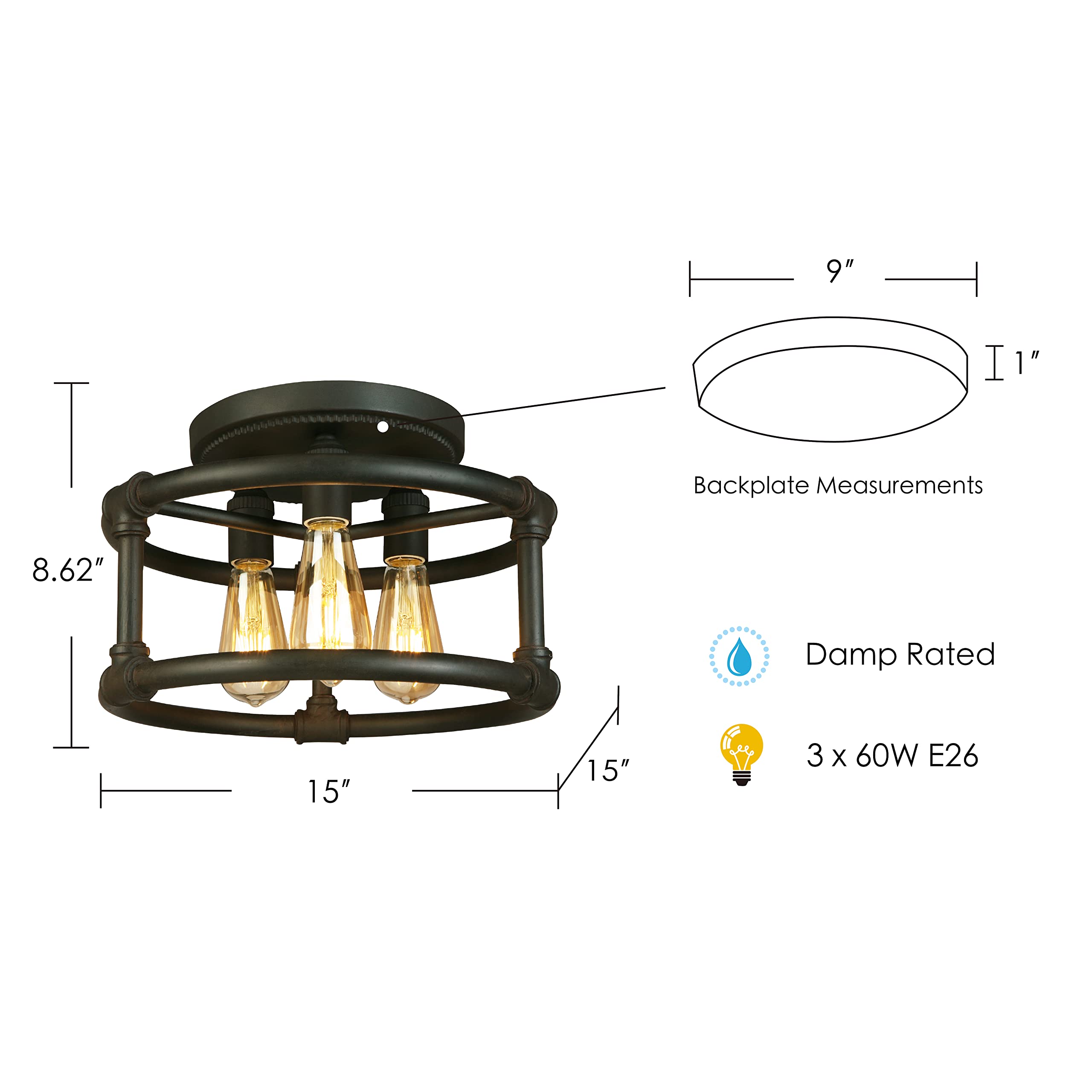 EGLO Wymer 3-Light Semi Flush Ceiling Light Fixture, Dimmable LED, Matte Bronze, 8.62x15.00x15.00, Model 202849A
