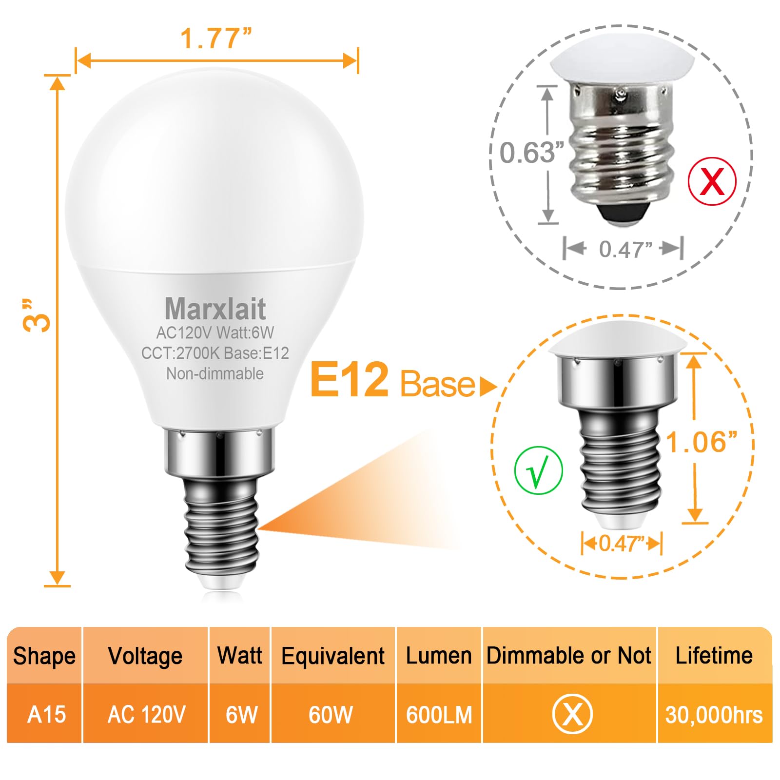 12 Pack E12 Ceiling Fan Light Bulbs, 60W Equivalent, Warm White 2700K, Small Base Led Candelabra Light Bulb, Bright A15 E12 Led