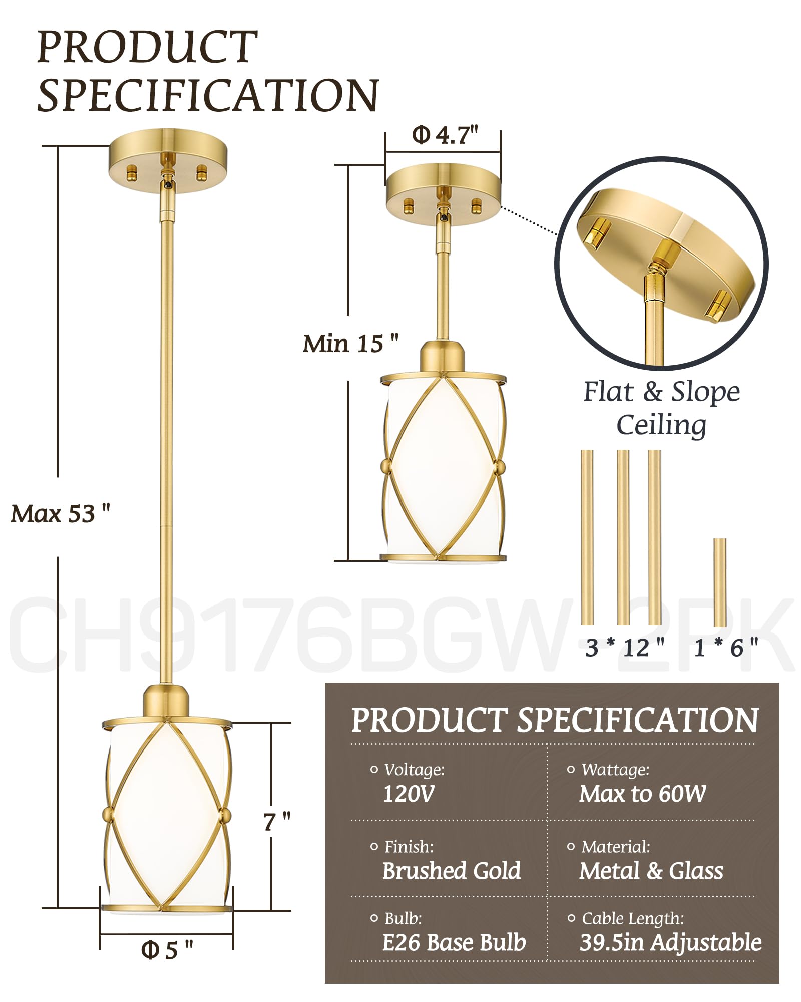 Osimir Brushed Gold Pendant Lights 3 Pack, Modern Milk Glass Hanging Light, 1-Light, CH9176BGW-3PK
