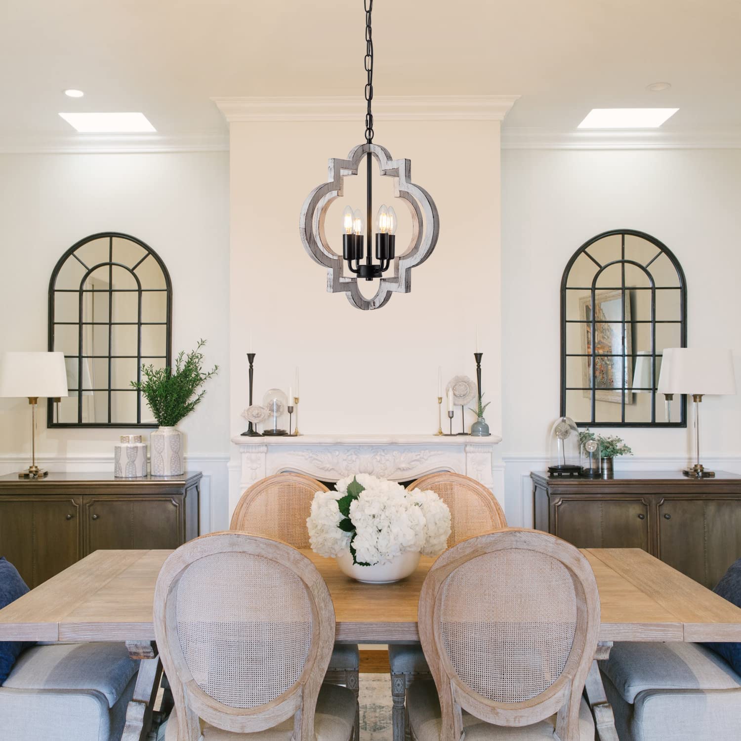 lighceac 4-Light Farmhouse Orb Chandelier, Distressed White Wood, 15" Diameter, Rustic Pendant Light for Dining Room, Kitchen, Bedroom