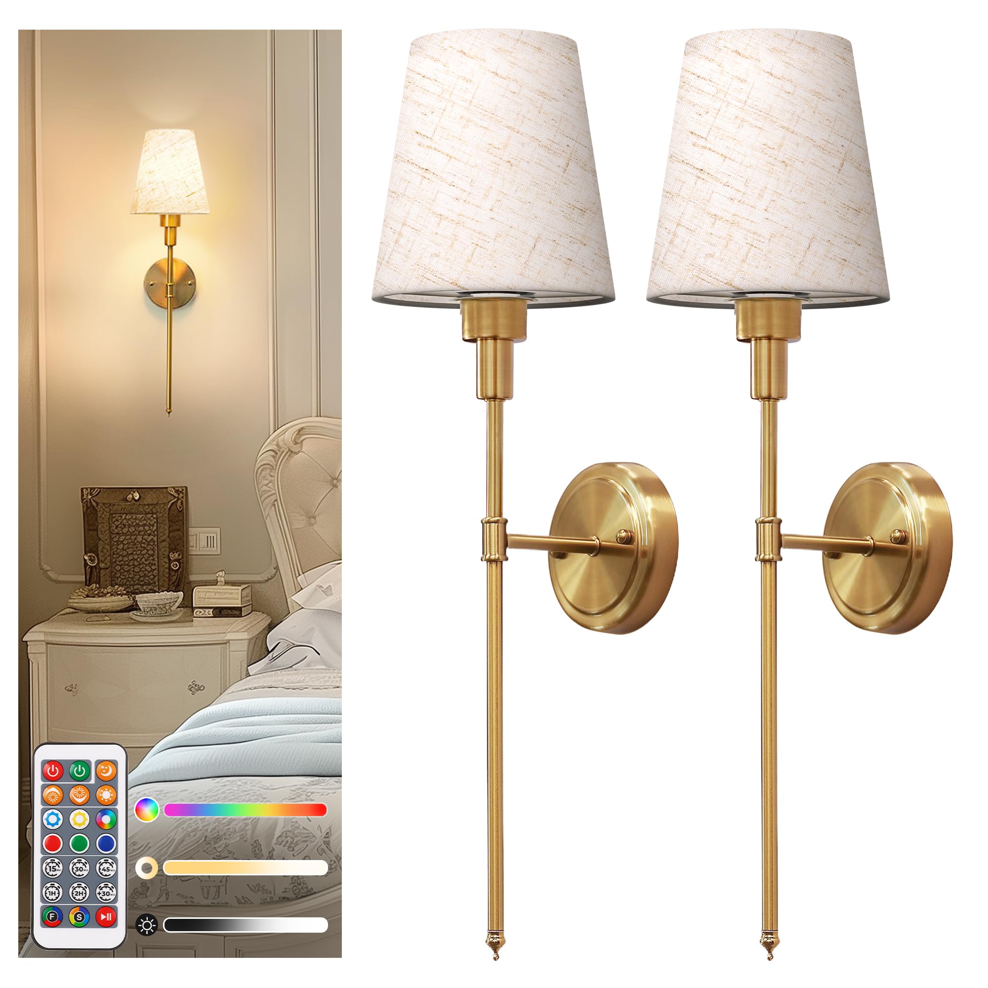 DORESshop Battery Operated Wall Sconce Set of 2, 24.6in Gold Metal with Fabric Linen Shade
