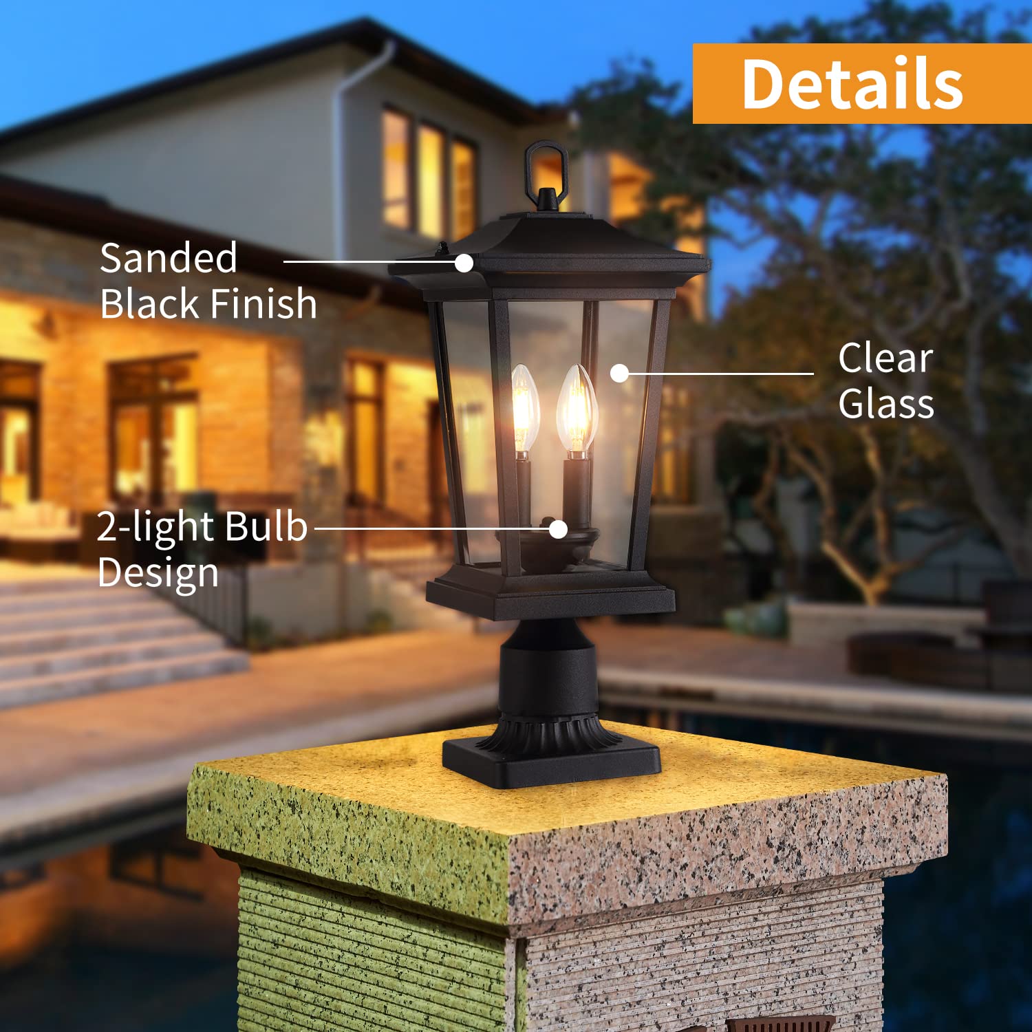 Smeike Outdoor Post Lights  Cast Aluminum Lamp Post Light Fixture  2-Light Pole Mount Light With Clear Glass  Outdoor Pier Mount Light Matte Black Finish