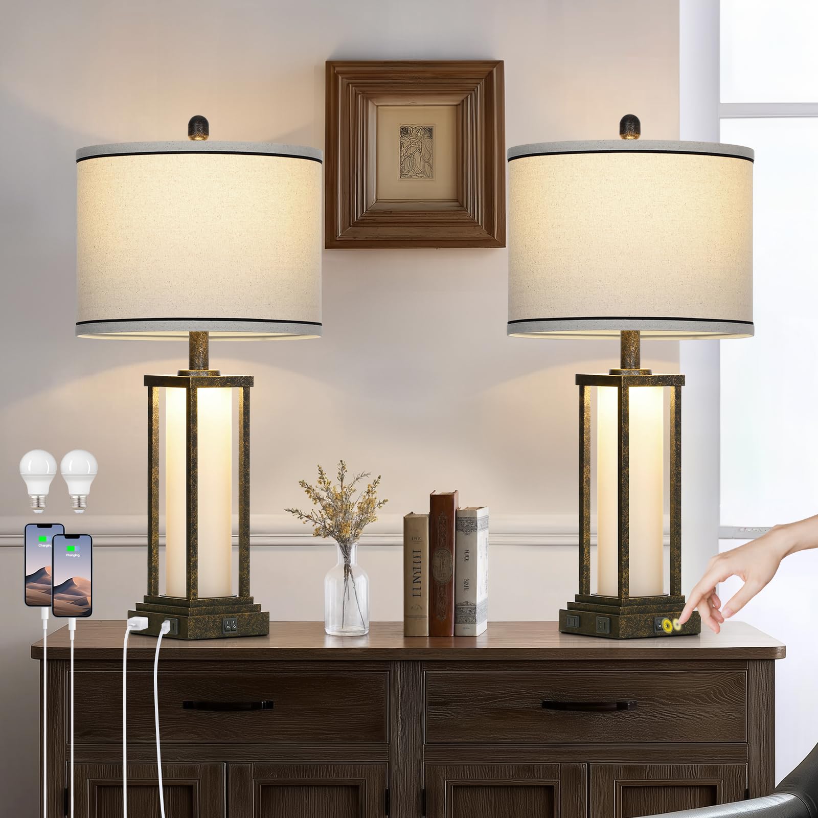 luxeflow 27in Tall Farmhouse Table Lamp Set of 2 with USB C+A & Outlet Bronze Industrial End Table Lamp for Living Room Vintage Rustic Bedside Lamps with Night Light for Bedroom Nightstand Bronze