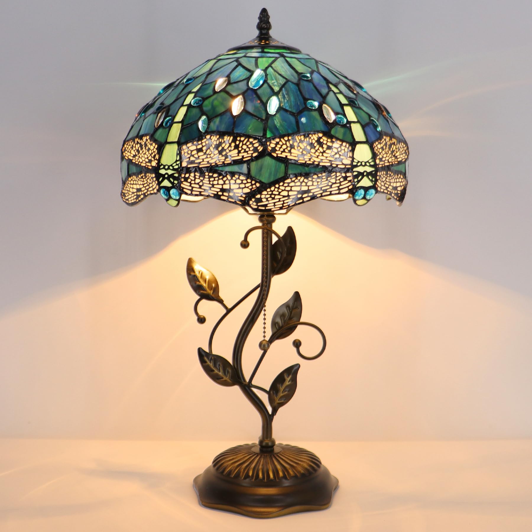 Lxhcyou Tiffany Table Lamp, Stained Glass Desk Light, W12H19 Inch, Metal Leaf Base (Dragonfly Style)