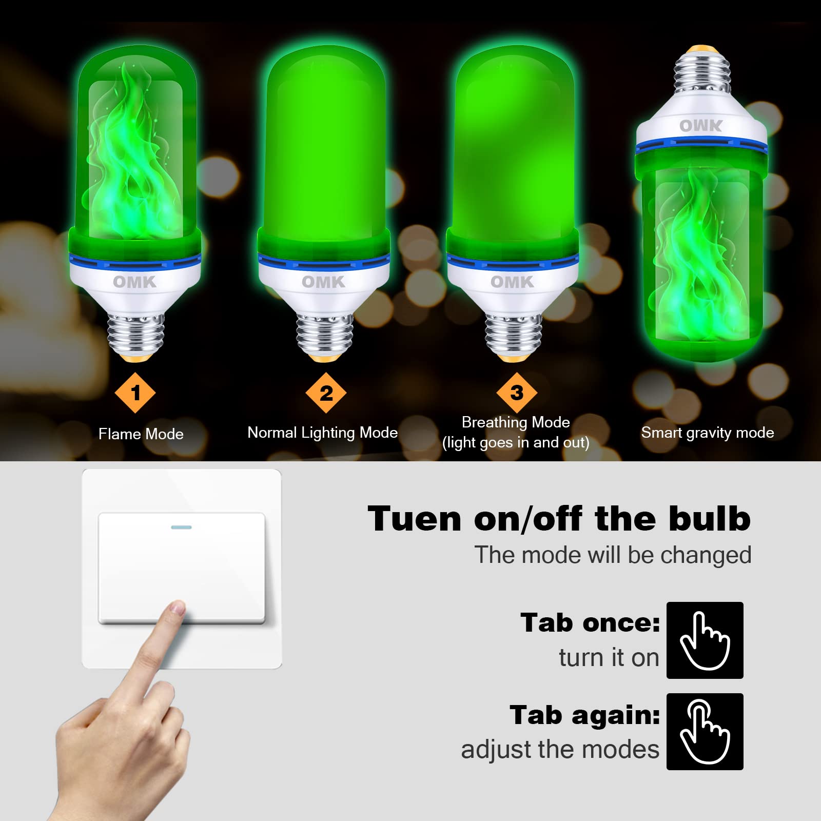 Omk 4 Pack Green Light Bulbs Flame Led Light Bulbs Flickering/Breathing/Ligting/Gravity 4 Modes Flame Bulb For Bars Hotel Yard Porch Christmas Halloween Party Outdoor Decorative Light Bulbs