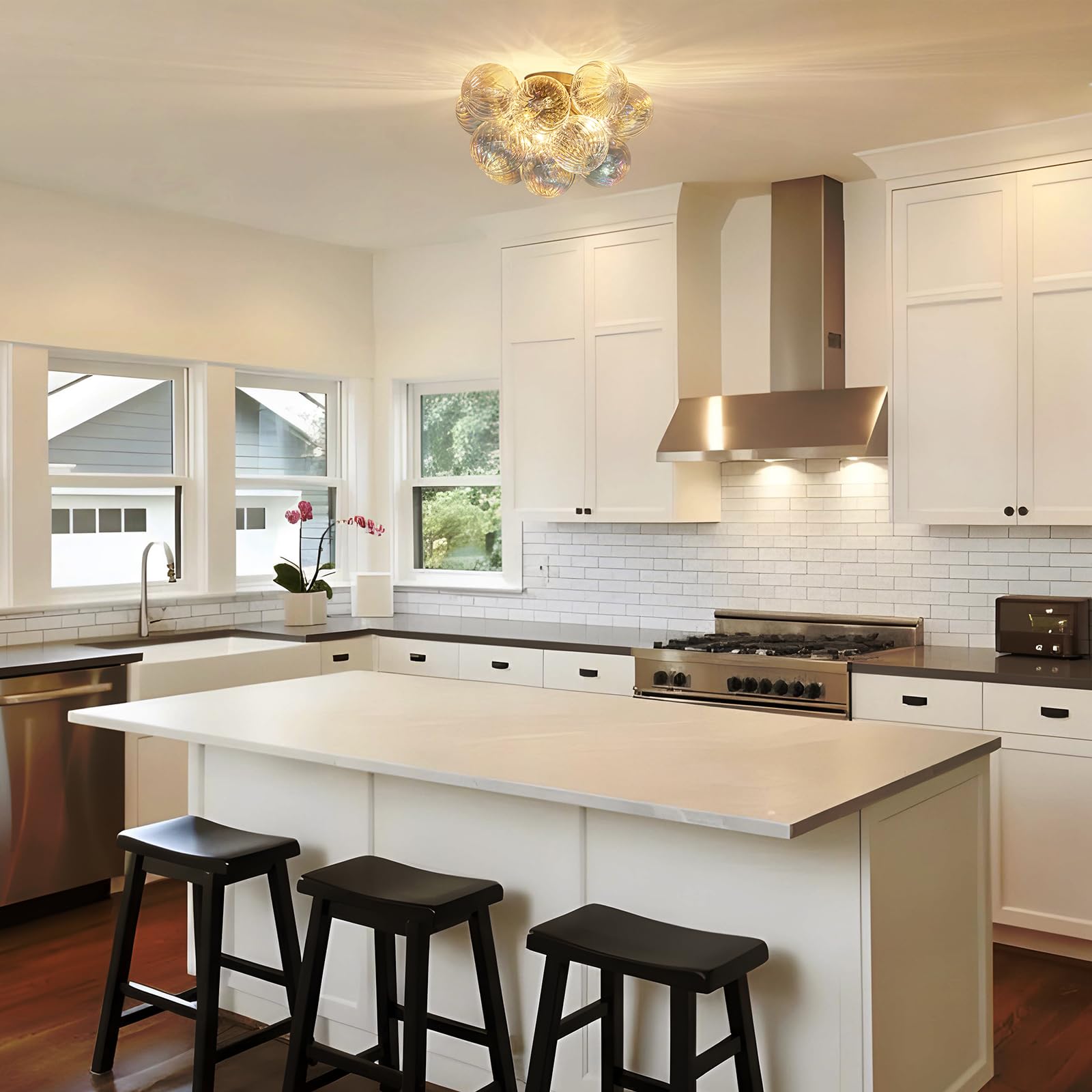 Semi Flush Mount Ceiling Light 18.5-Glass Bubble Chandelier Lighting Modern Hallway Light Fixtures Brushed Gold With 13 Swirled Colorful Globe For Dining Room Kitchen Bathroom Entryway Bedroom