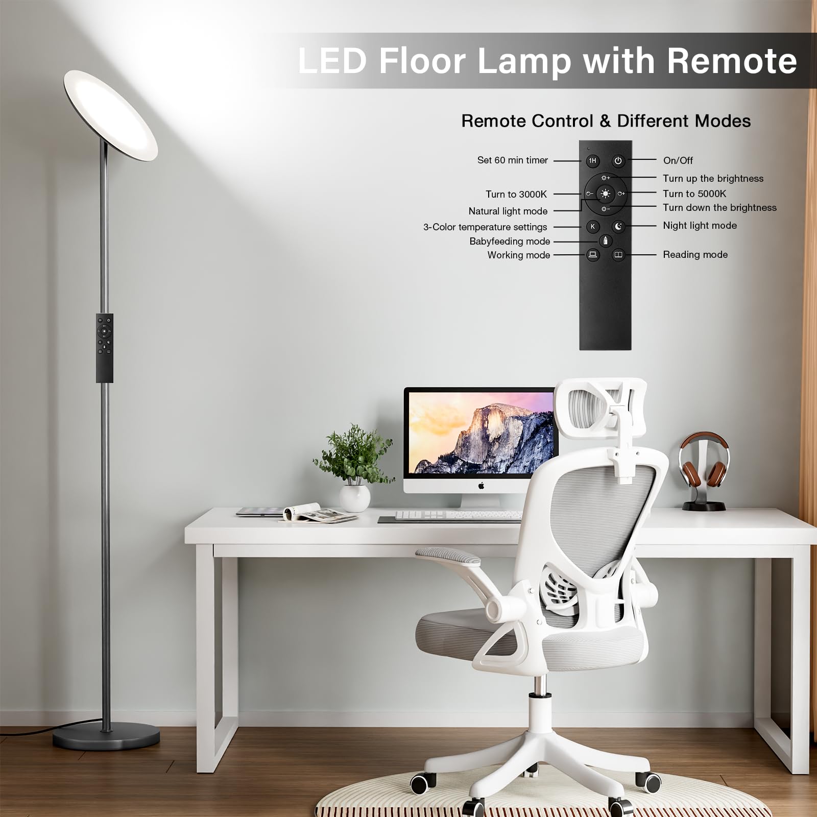 Preeotti Led Floor Lamp With Remote, Touch Control, Fully Dimmable, Adjustable Brightness, 69 In, Deep Grey