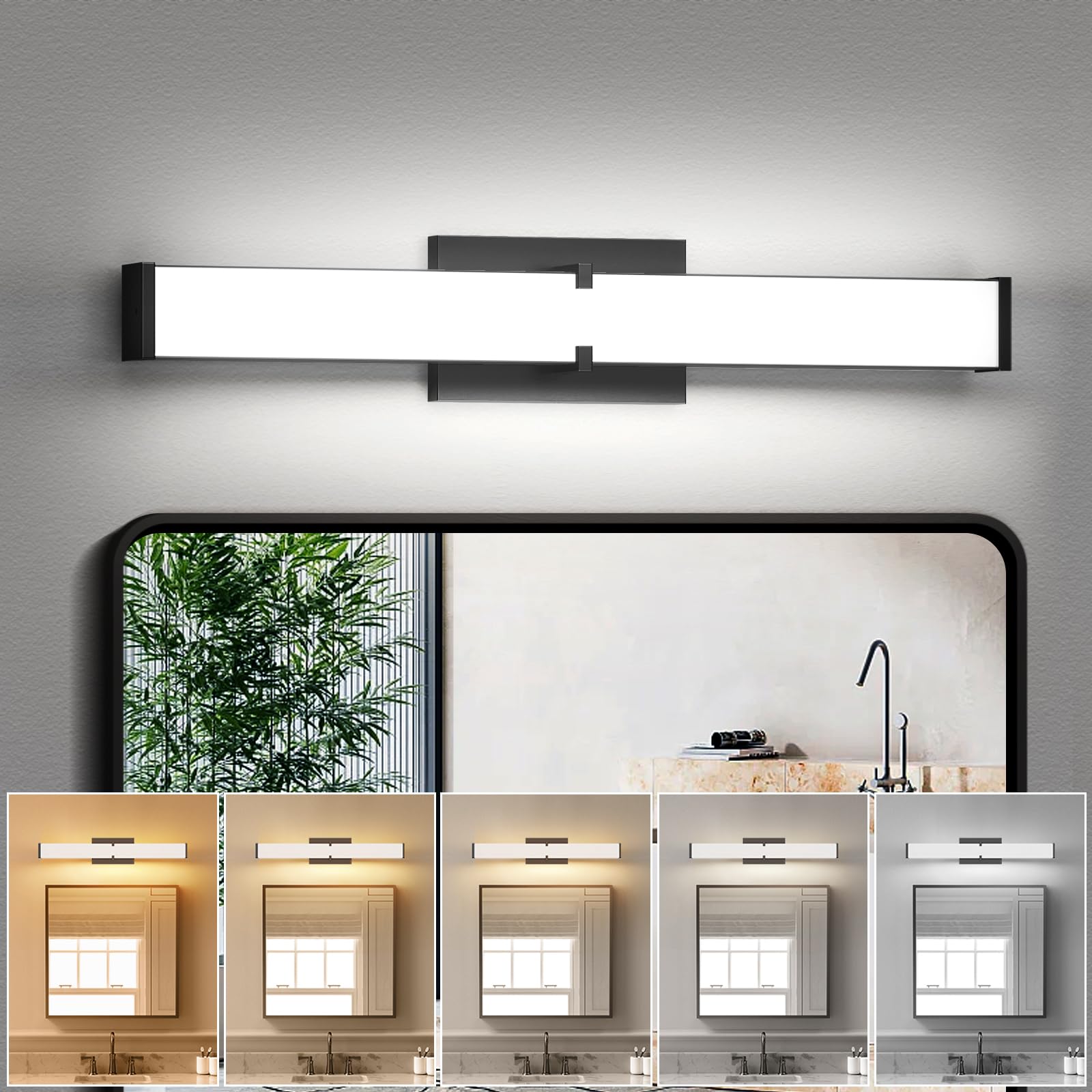 Hopai Modern Led Bathroom Light Fixtures 16 Inch, 20W 2000 Lumen Dimmable Bathroom Vanity Light, 5Cct Bathroom Light Bar, Black