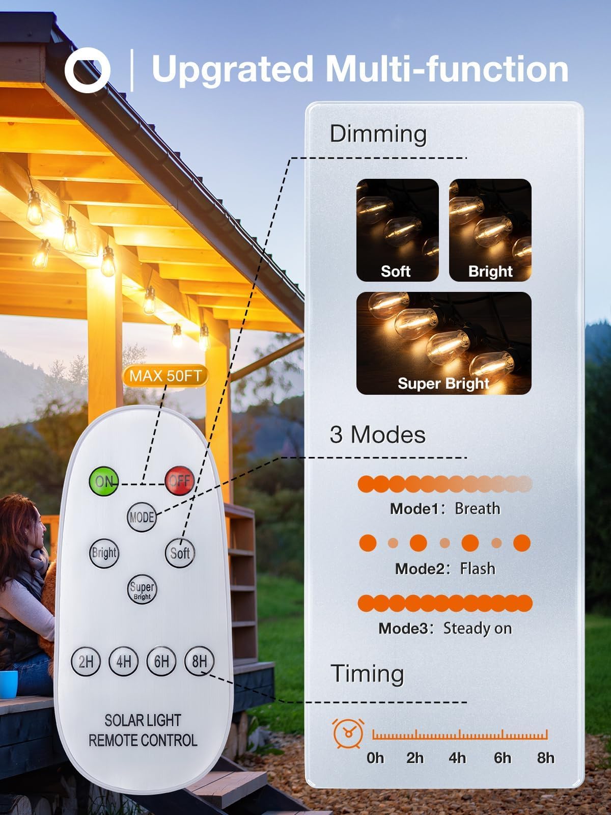 addlon Solar String Lights 104FT, Waterproof with USB & Remote, 52 LED Dimmable Bulbs, Black, for Patio Garden Deck Halloween