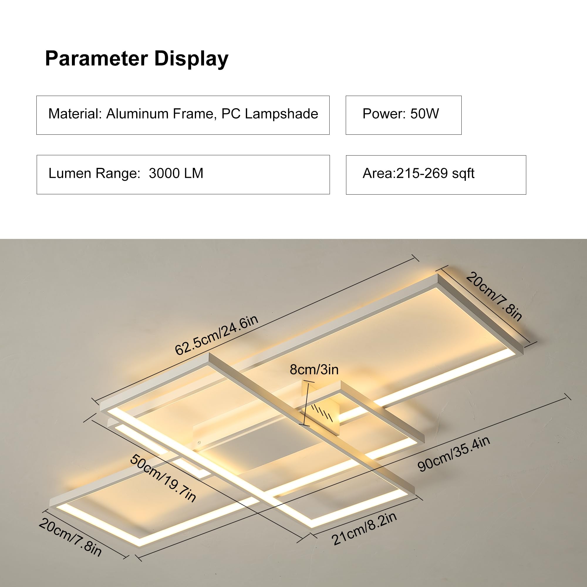 Jaycomey Modern Ceiling Light Dimmable Led Chandelier With Remote Control,50W 3-Layer Square Ceiling Lamp Acrylic Flush Mount Ce