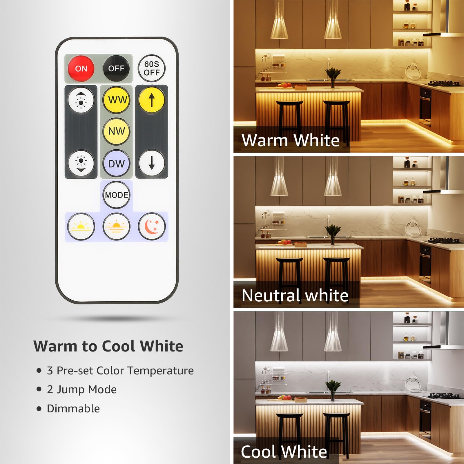 Lepro LED Strip Light, 32.8ft Dimmable Tunable White 3000K-6000K, 600 LEDs, Plastic, White, Model PR410098-DWW-US