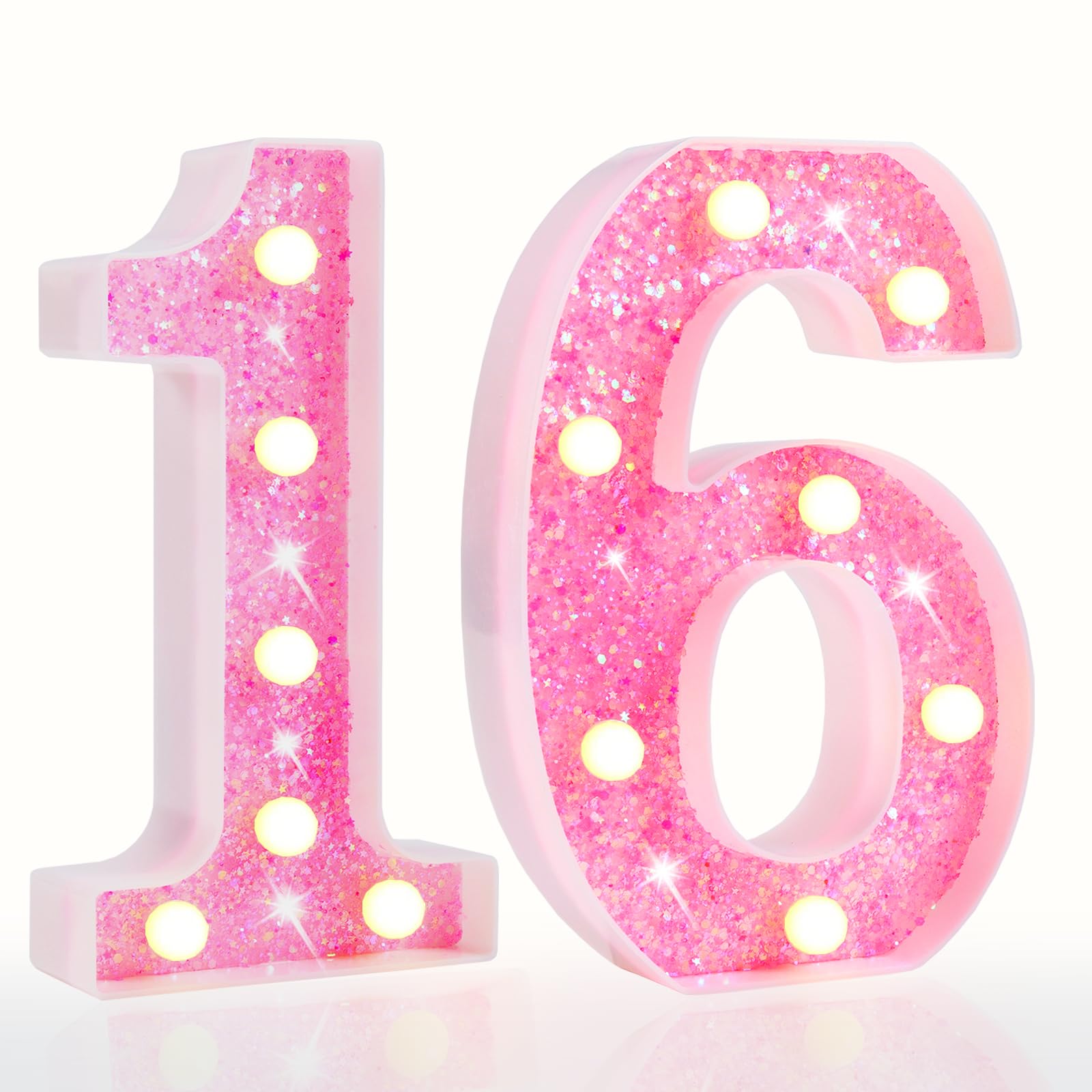 Pooqla Marquee Numbers Lights, Light up Numbers Battery Powered, Glitter Lighted Numbers for Birthday Party, Shiny LED Numbers for Party for 16th 61th Birthday Anniversary Decoration, Pink Number 16