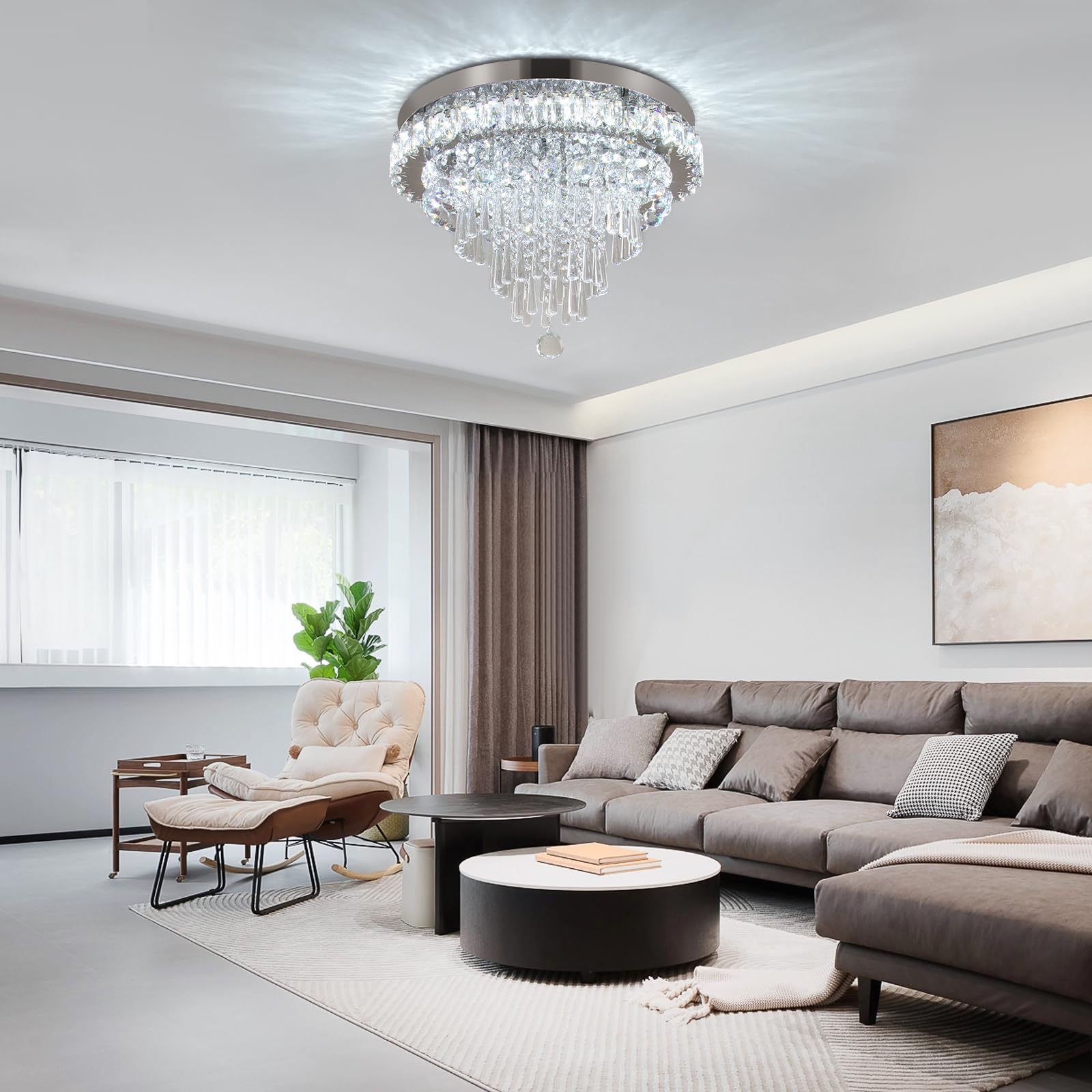 FRIXCHUR Crystal Chandelier LED Ceiling Light Fixture, Dimmable, Large, Stainless Steel, Model QH-MC109, 17.7 Inch
