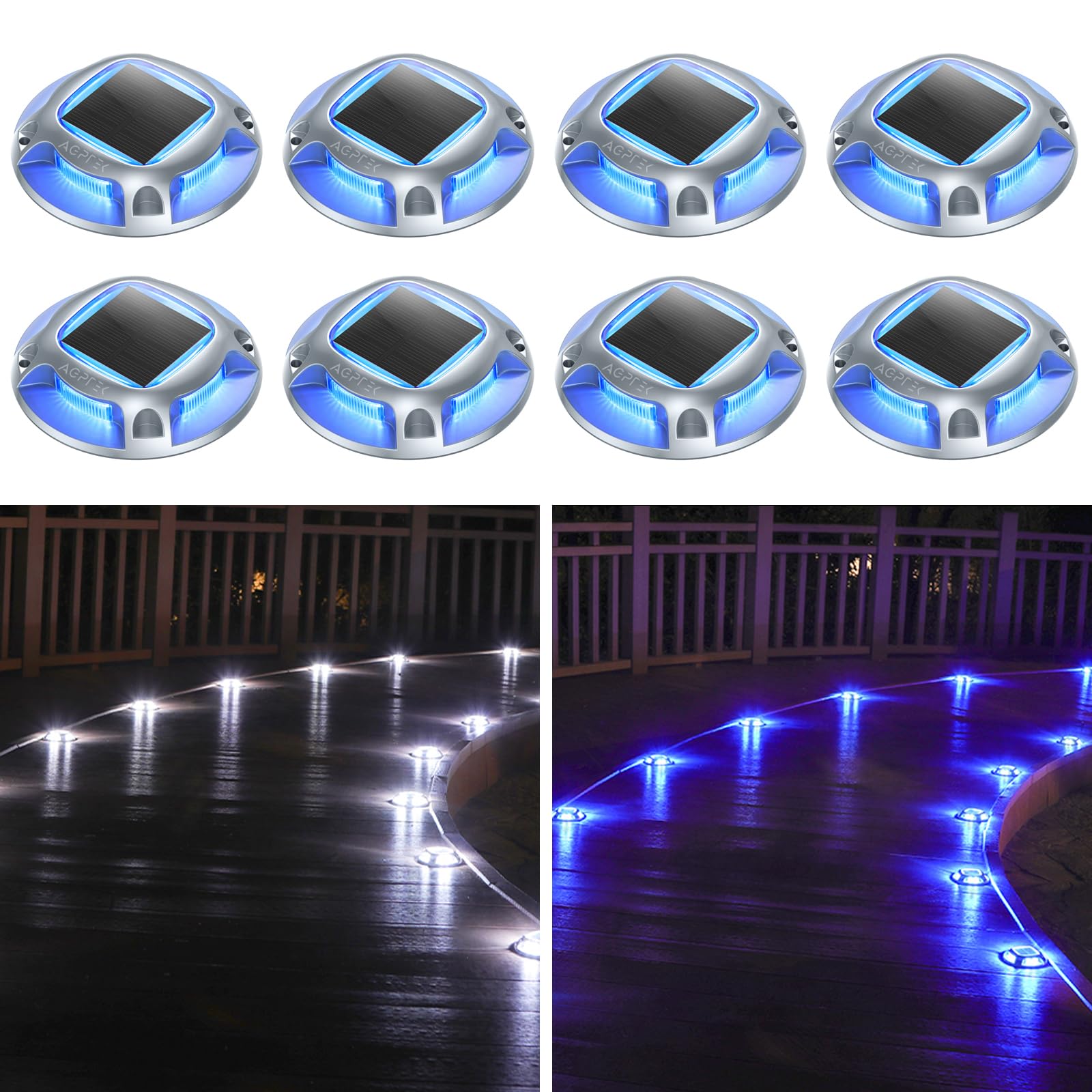 AGPTEK Solar Driveway Lights, 8 Pack, Waterproof LED Marker Lights, Blue Light & Cool White, Model SLD1SBL8
