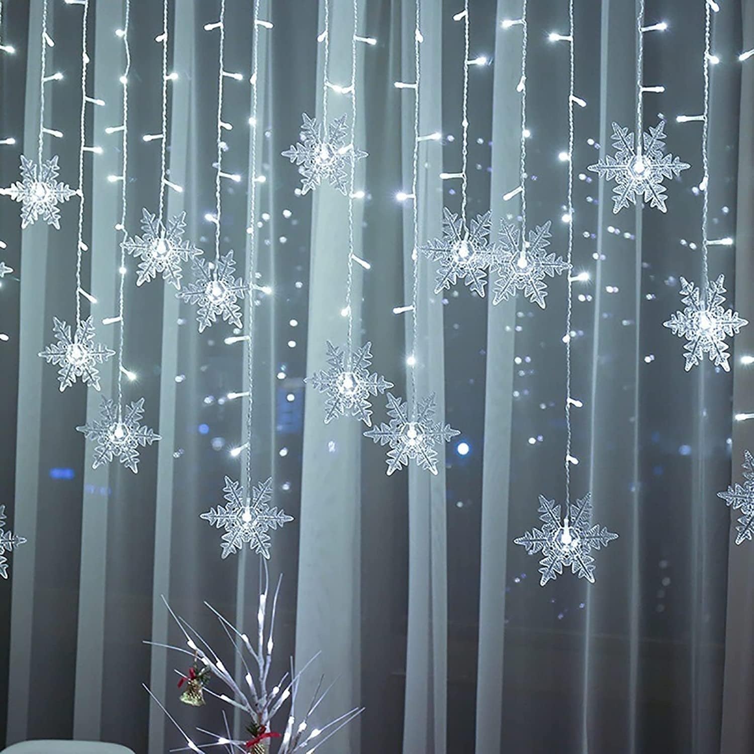 JAYIDAMAI Christmas Snowflakes LED Curtain String Lights 11.5ft/3.5M 96LED Christmas Window Curtain Light Plug in String Light for Xmas Decor Indoor and Outdoor Birthday Party Wedding  Bedroom Patio