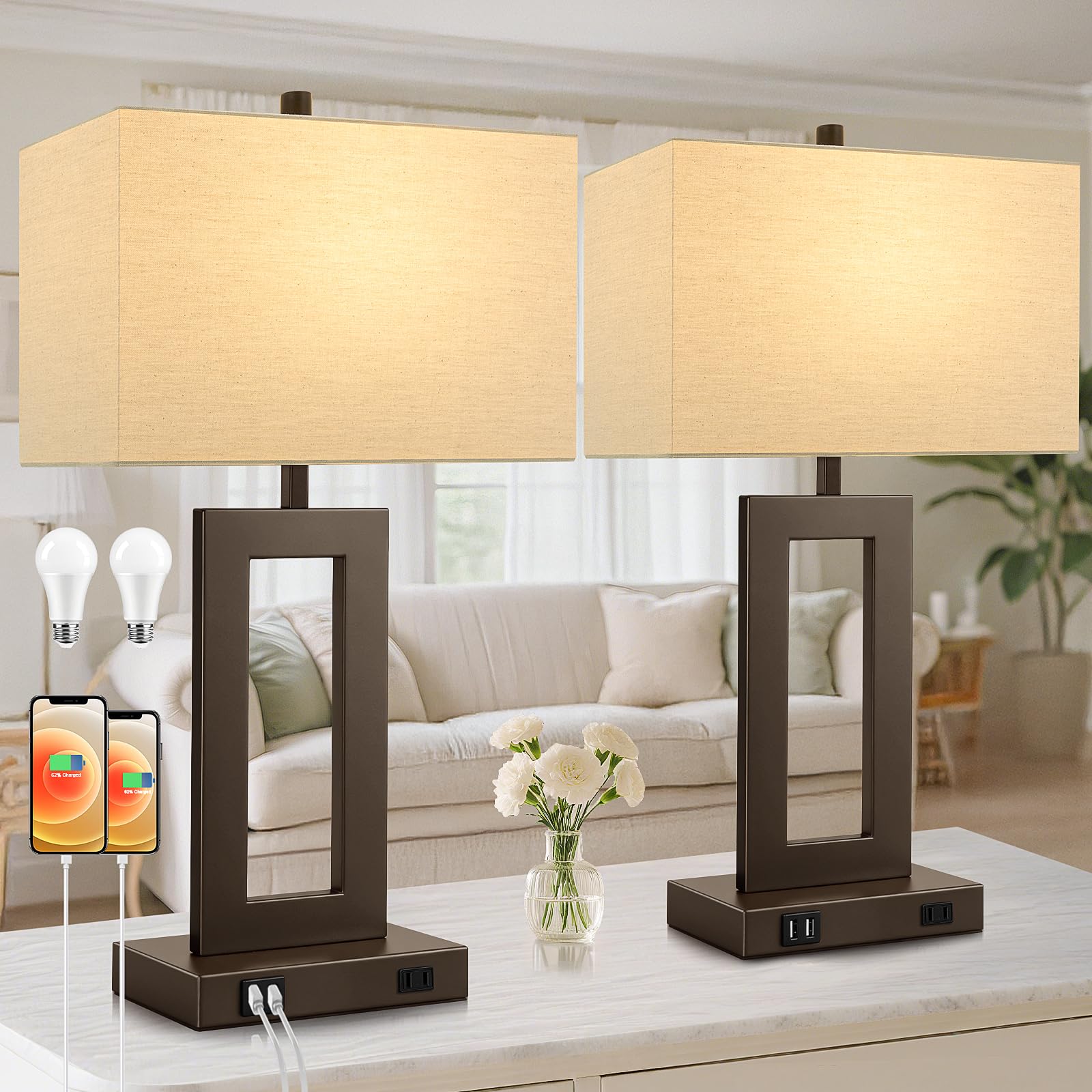 TOBUSA 28 Tall Brown Lamps for Living Rooms Set of 2  Modern Touch Control Table Lamps for Bedroom  3 Way Dimmable Bedside Lamps with 2 USB Ports&AC Outlet  Advanced Decor Lamp for Home Office
