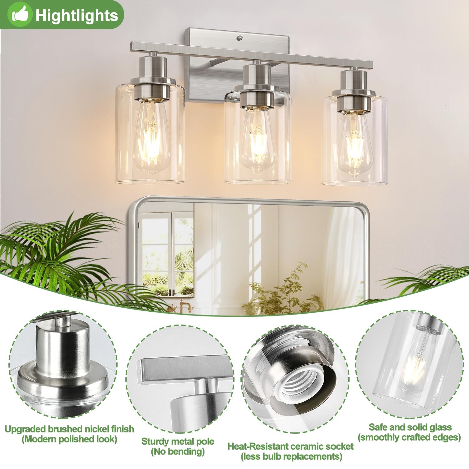 Indoi 3-Light Bathroom Vanity Light Fixtures, Brushed Nickel with Clear Glass Shades, Model YX-032H