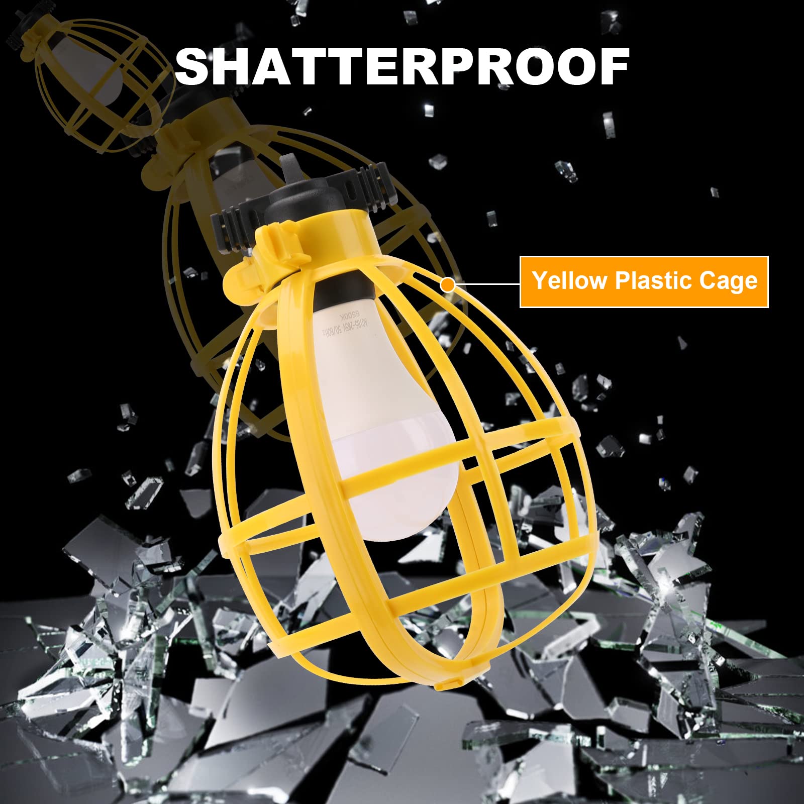 Yaoledly 50Ft Construction String Lights, 50W 5 Bulbs Work Lights With E26 Base, Ip65 Waterproof, 4000Lm 6500K Indoor & Outdoor Temporary Lighting For Workshop, Mine Cave, Job Site