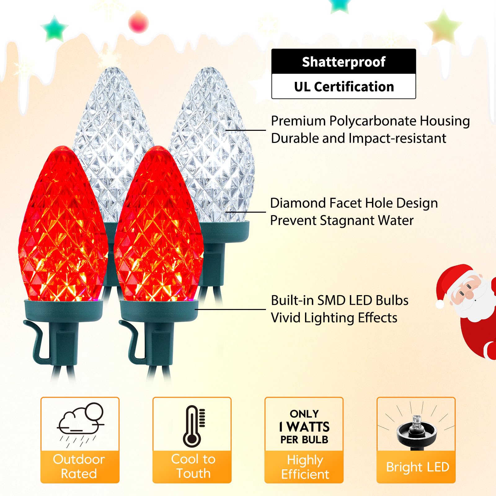 Brightown C9 LED Christmas String Lights, 66ft Waterproof Red & White, 100 LEDs, Plug-in Green Wire for Outdoor Patio Decoration