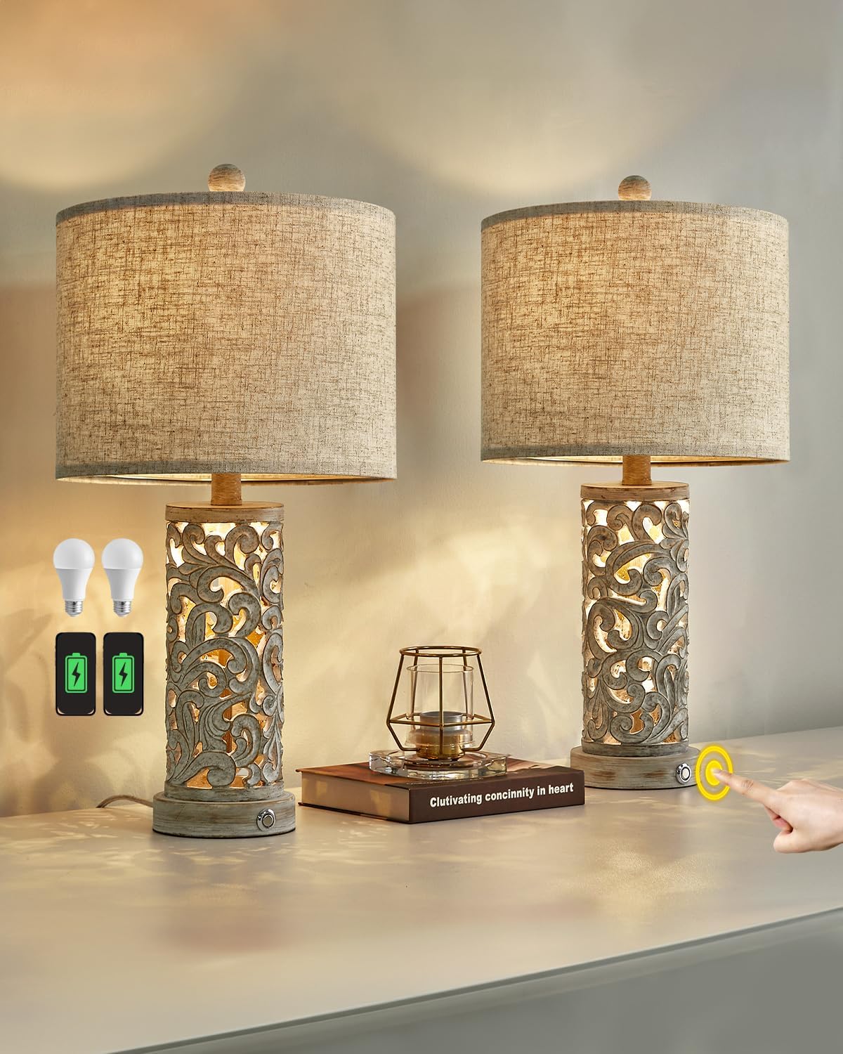 Oyears 3-Way Dimmable 22'' Usb A+C Touch Control Table Lamp Set Of 2 With Nightlight For Living Room Bedroom Farmhouse Bedside Nightstand Lamps (Bulb Included)