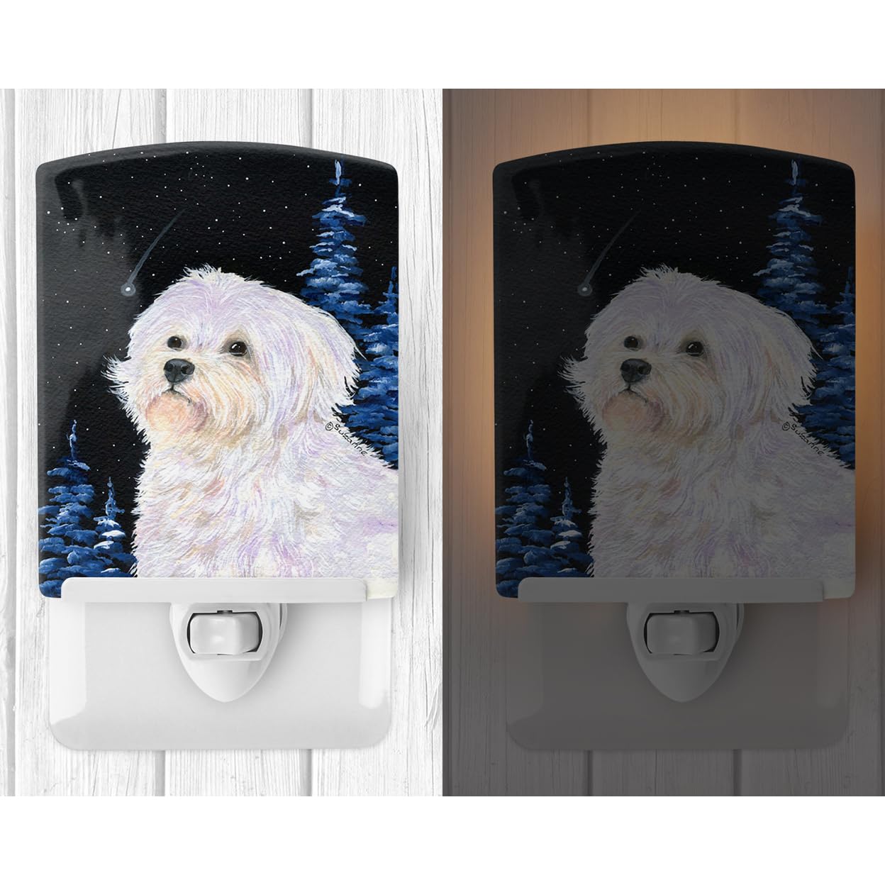 Caroline'S Treasures Ss8461Cnl Starry Night Maltese Ceramic Night Light Compact, Ul-Certified, Ideal For Bedroom, Bathroom, Nursery, Hallway, Kitchen, 6X4X3, Multicolor