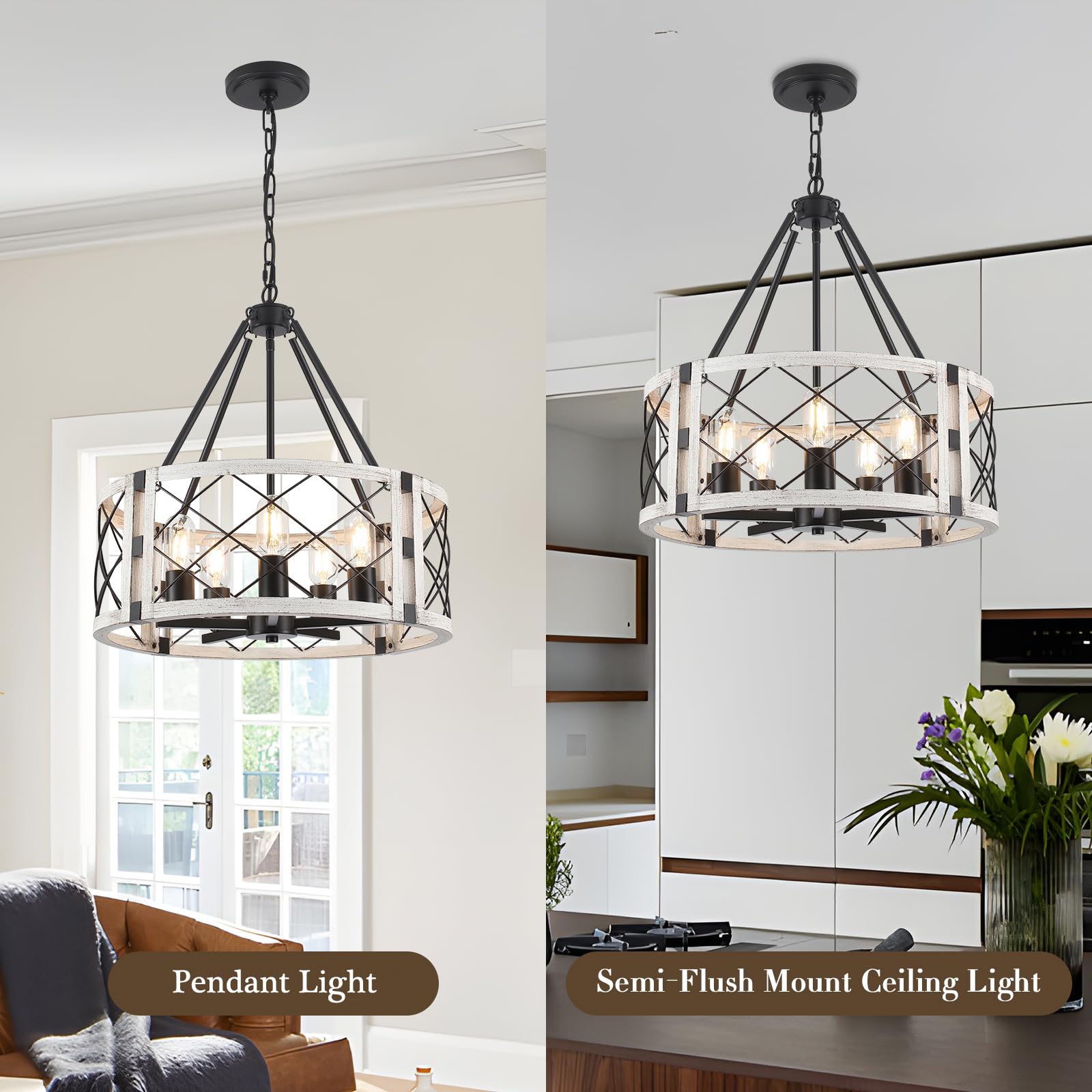 CWarmozy 5-Light Farmhouse Chandelier, 19.8" Adjustable Pendant Light, Black and White Wood Texture for Dining Room, Kitchen, Entryway