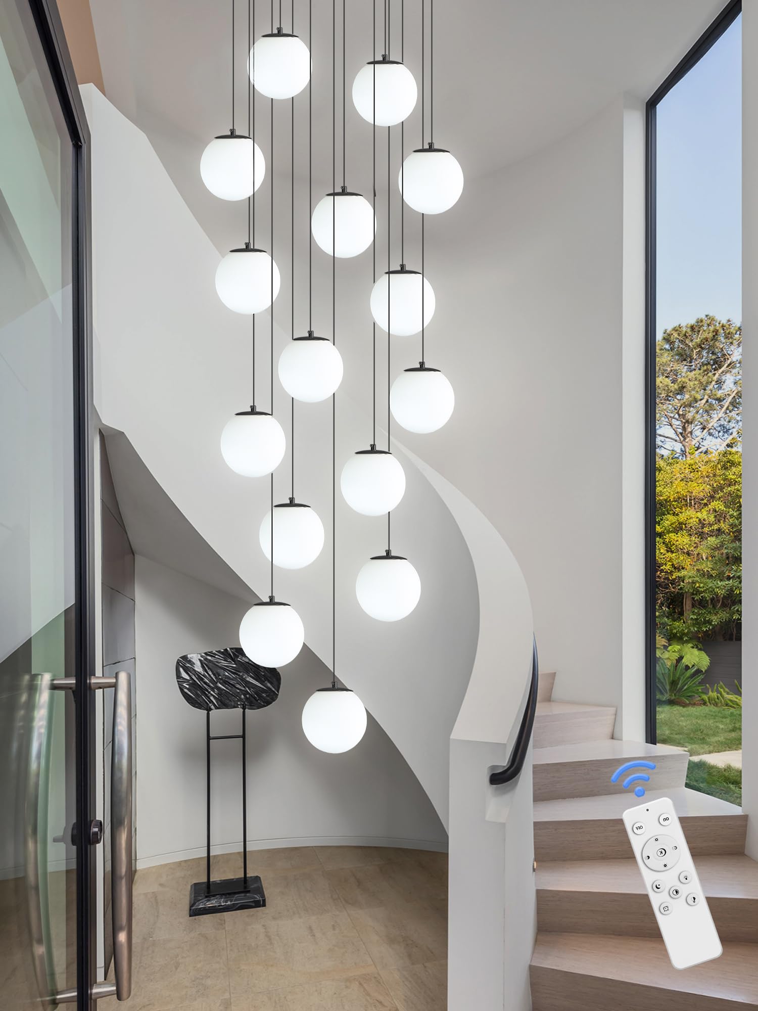 ykolupty 15-Light Black Chandelier with White Globe Glass, Dimmable Ceiling Light for Kitchen, Dining, Living Room, Model TP3016-RB-15H