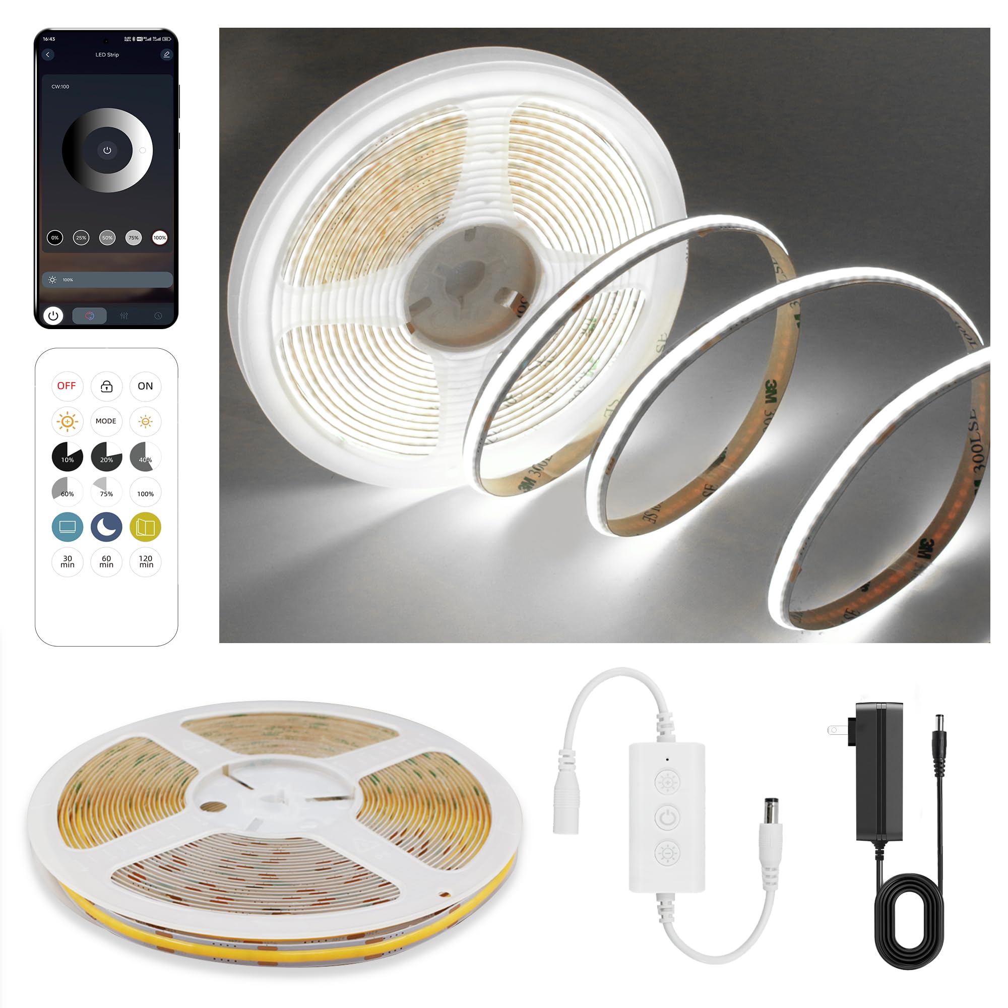 Pandery COB LED Strip Lights, 24V Dimmable, 9.84FT, Cool White 6000K, Flexible, Cuttable, Remote & App Control, Model PD-CO
