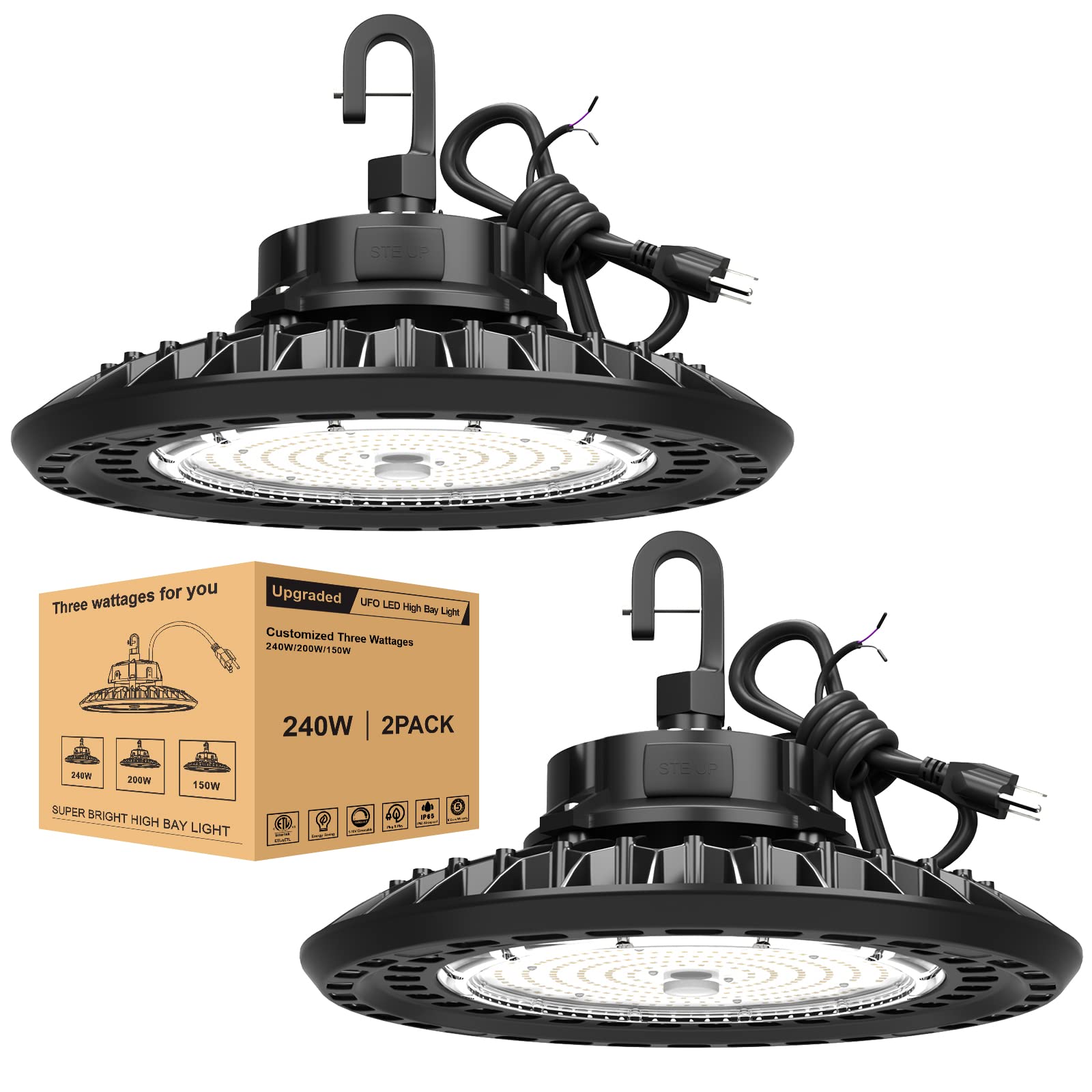 UFO LED High Bay Lights 240W Flicker Free -36000LM Super Bright High Bay Shop Lights 5000K, 0-10V Dimmable, 6' Cable, 100-277V f