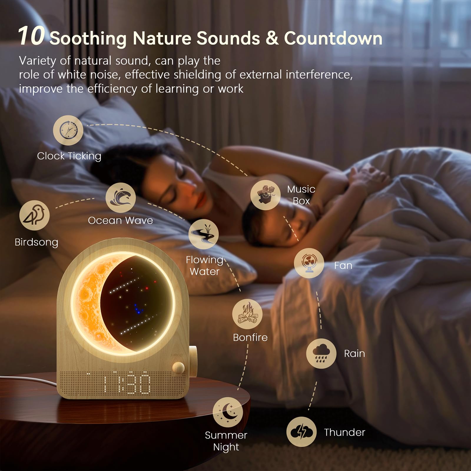 blonbar Sunrise Alarm Clock with Dimmable Moon Lamp, Dual Alarm, 12 Levels Volume, Natural Sounds, Woodgrain, Model AJ350A