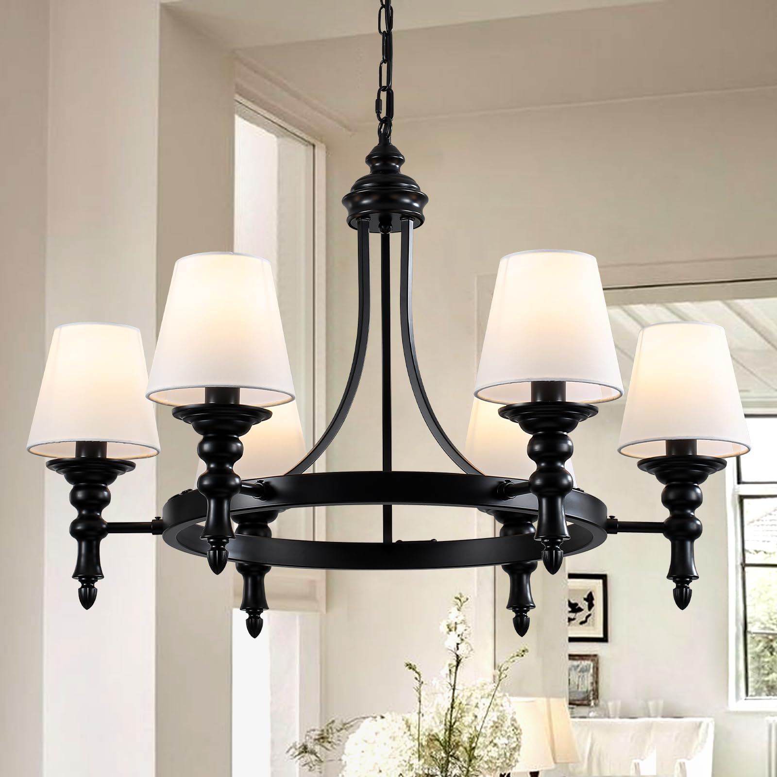 29.9 Black Wagon Wheel Chandelier 6-Light Modern Farmhouse Chandeliers with White Fabric Shades Rustic Hanging Dining Room Light