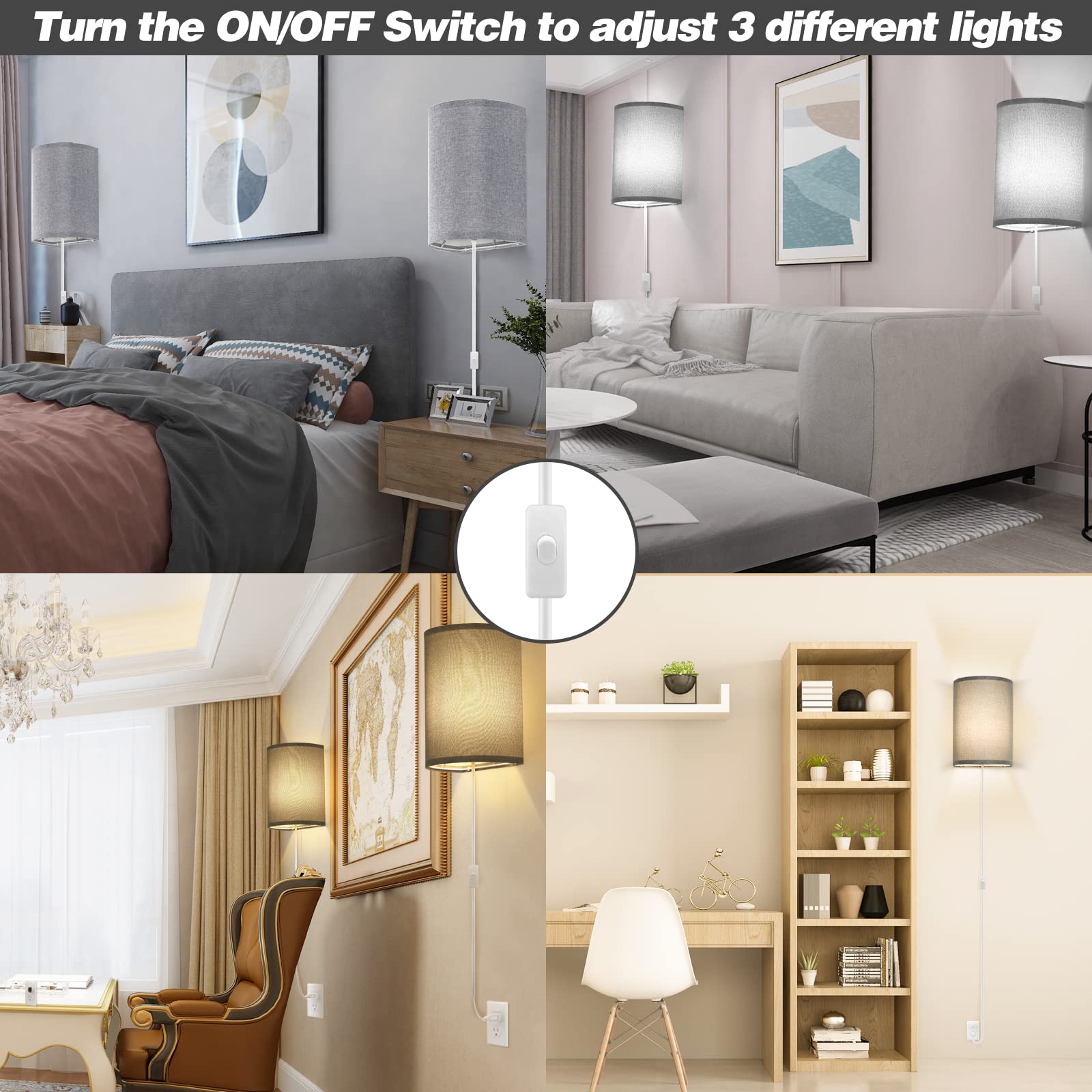 Beser·Win Wall Sconces Set Of Two, Gray Fabric Shades, Modern Plug-In Light Fixtures