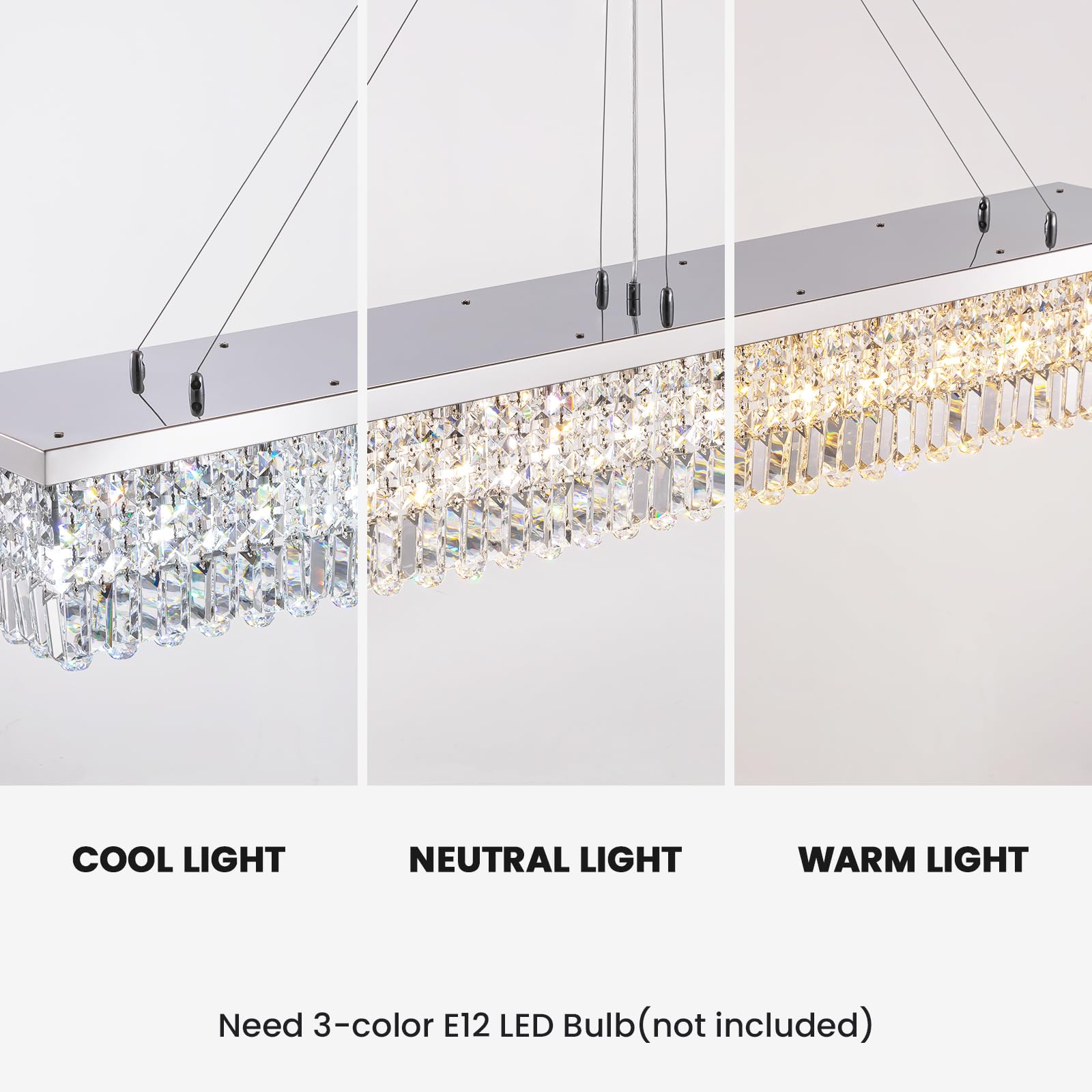 7Pm Rectangle K9 Crystal Chandelier Modern Rectangular Pendant Light Fixture For Dining Room Kitchen Island Chrome L59'' X W10''