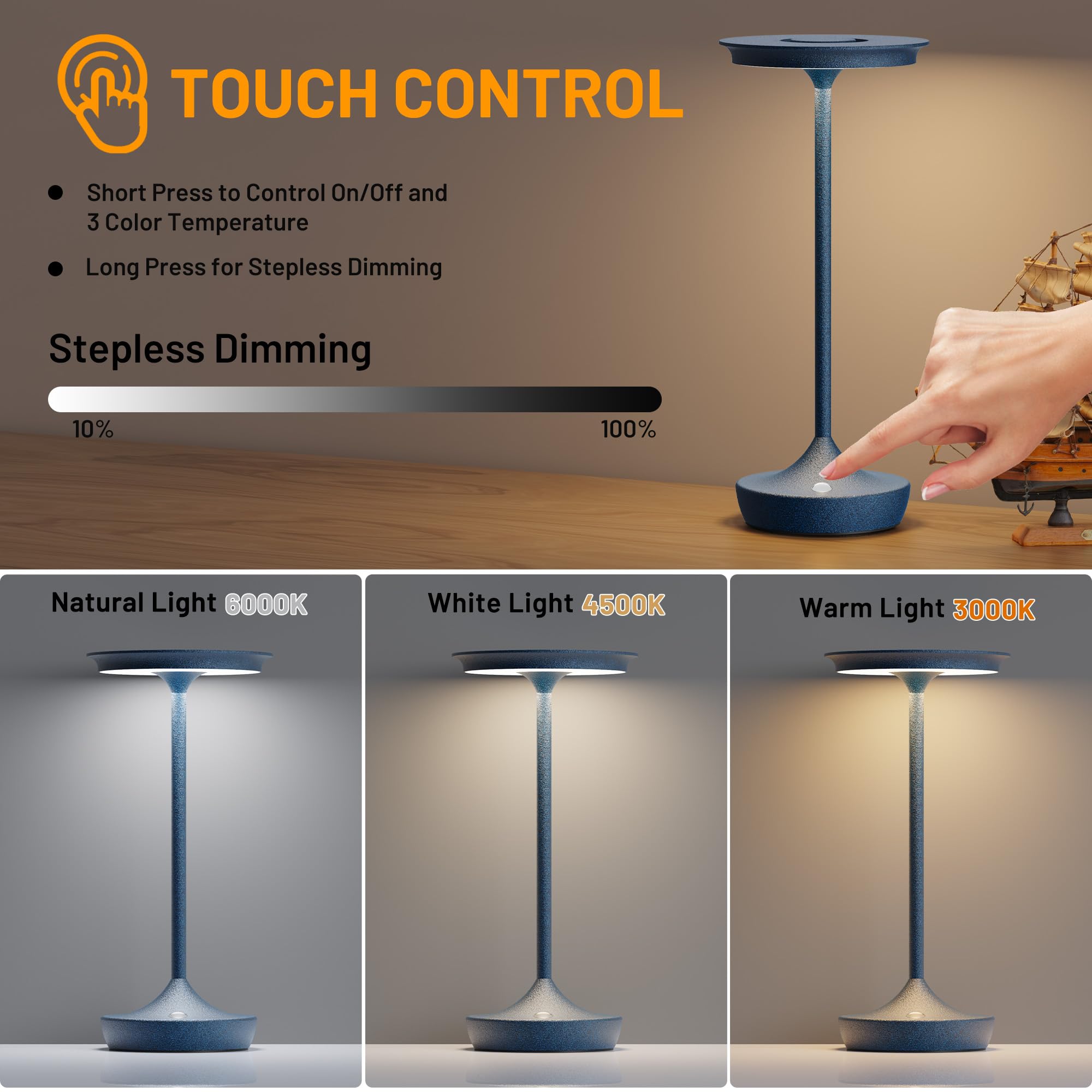 SHANGCAI LED Cordless Table Lamp - Rechargeable 6000mAh, 3 Color Stepless Dimming, Aluminum, Portable, Blue