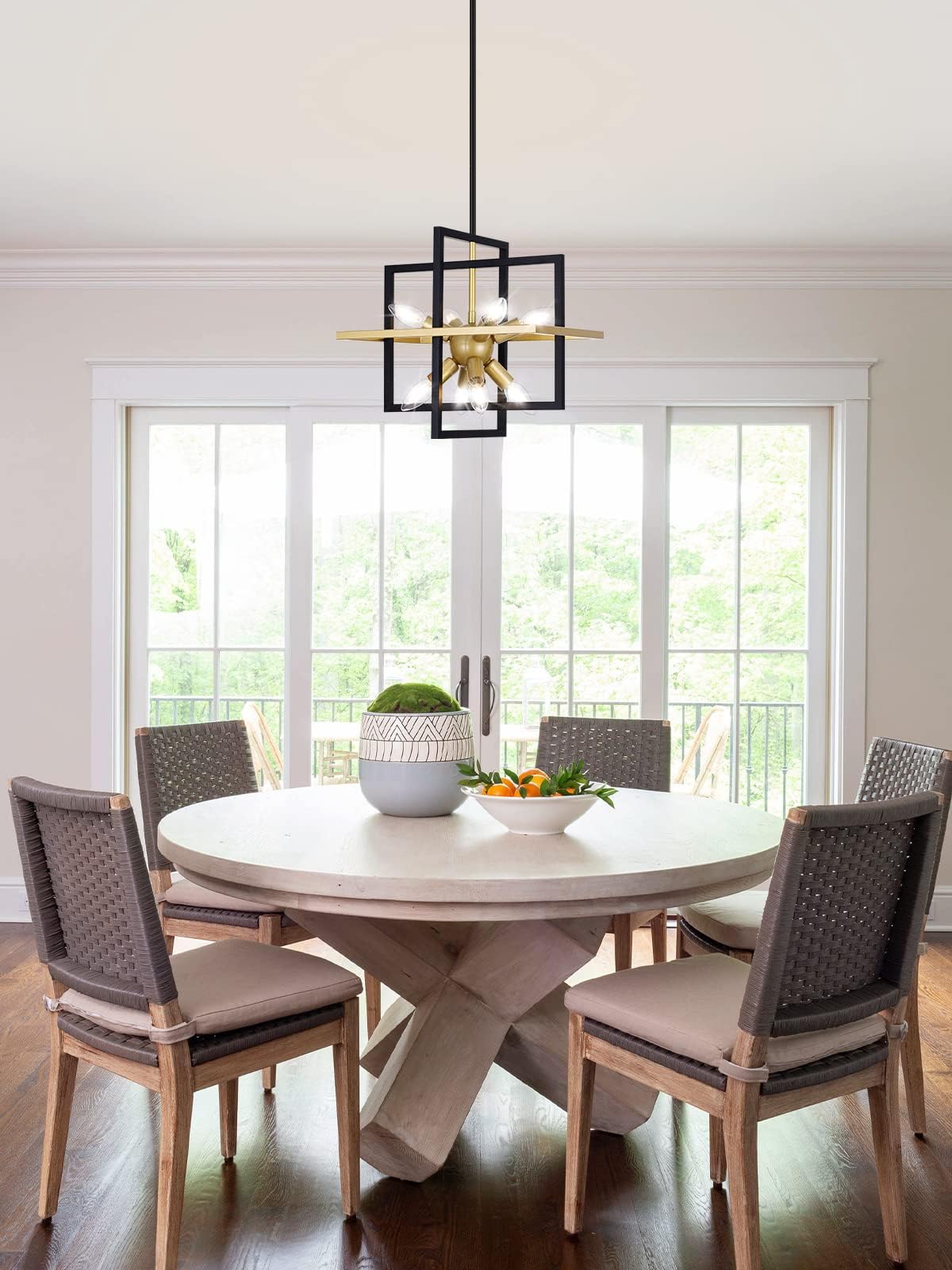 Goomavi Small Modern Lantern Chandeliers, Geometric Black Gold Pendant Light Fixture, 8-Light Industrial Hanging Chandelier For