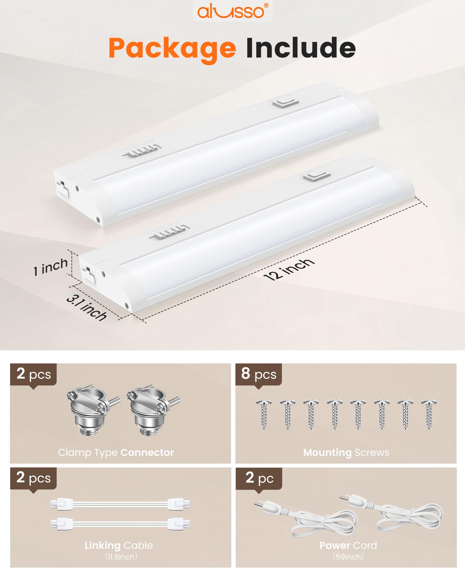 ALUSSO LIGHTING® 12" LED Under Cabinet Lighting, 5CCT Dimmable, 6W 510LM, Hardwired & Plug-in, White, Model UCL30