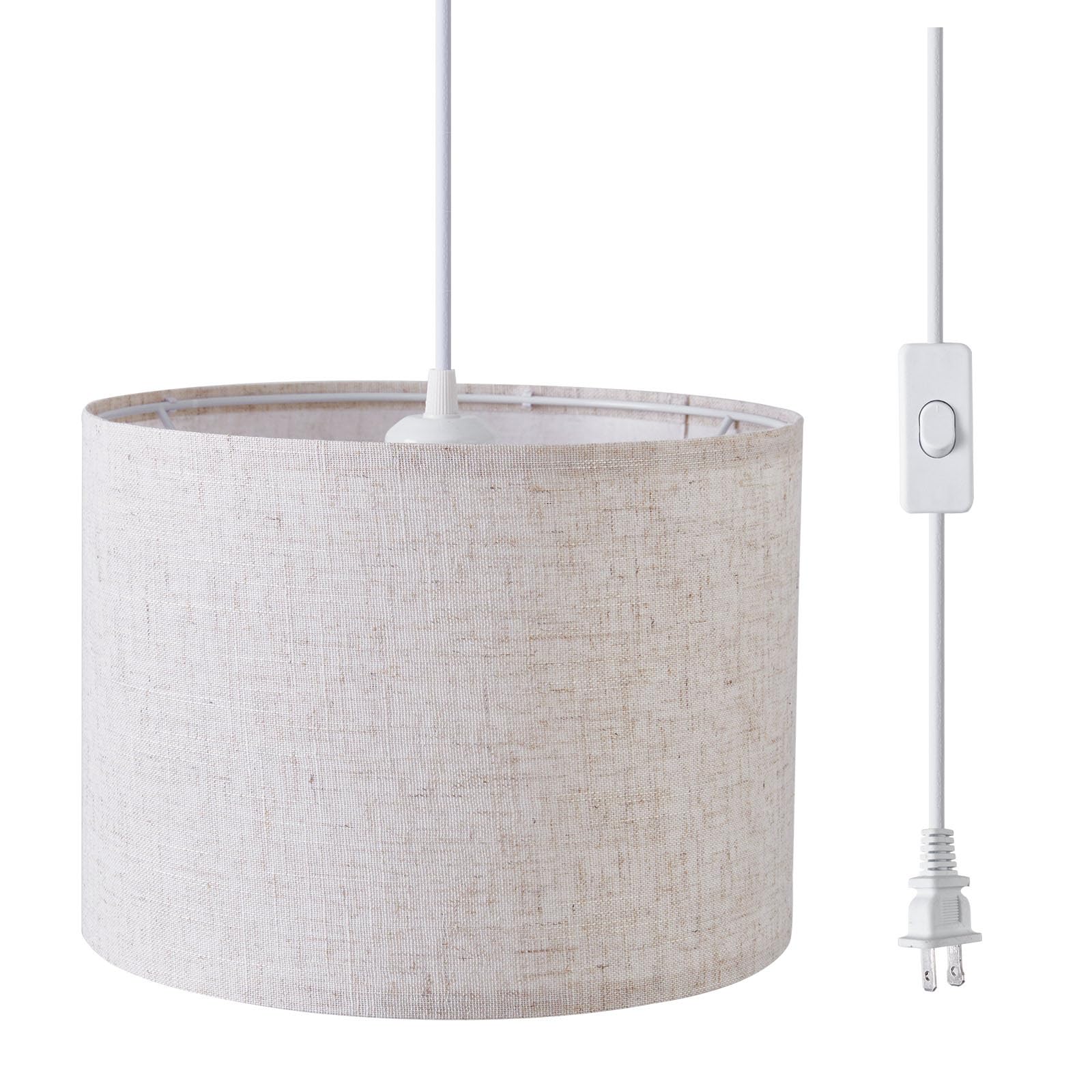 KUAUGST Plug in Pendant Light, 15 FT Cord with On/Off Switch, Beige Linen Fabric Shade, Model Plug in Pendant Light-07