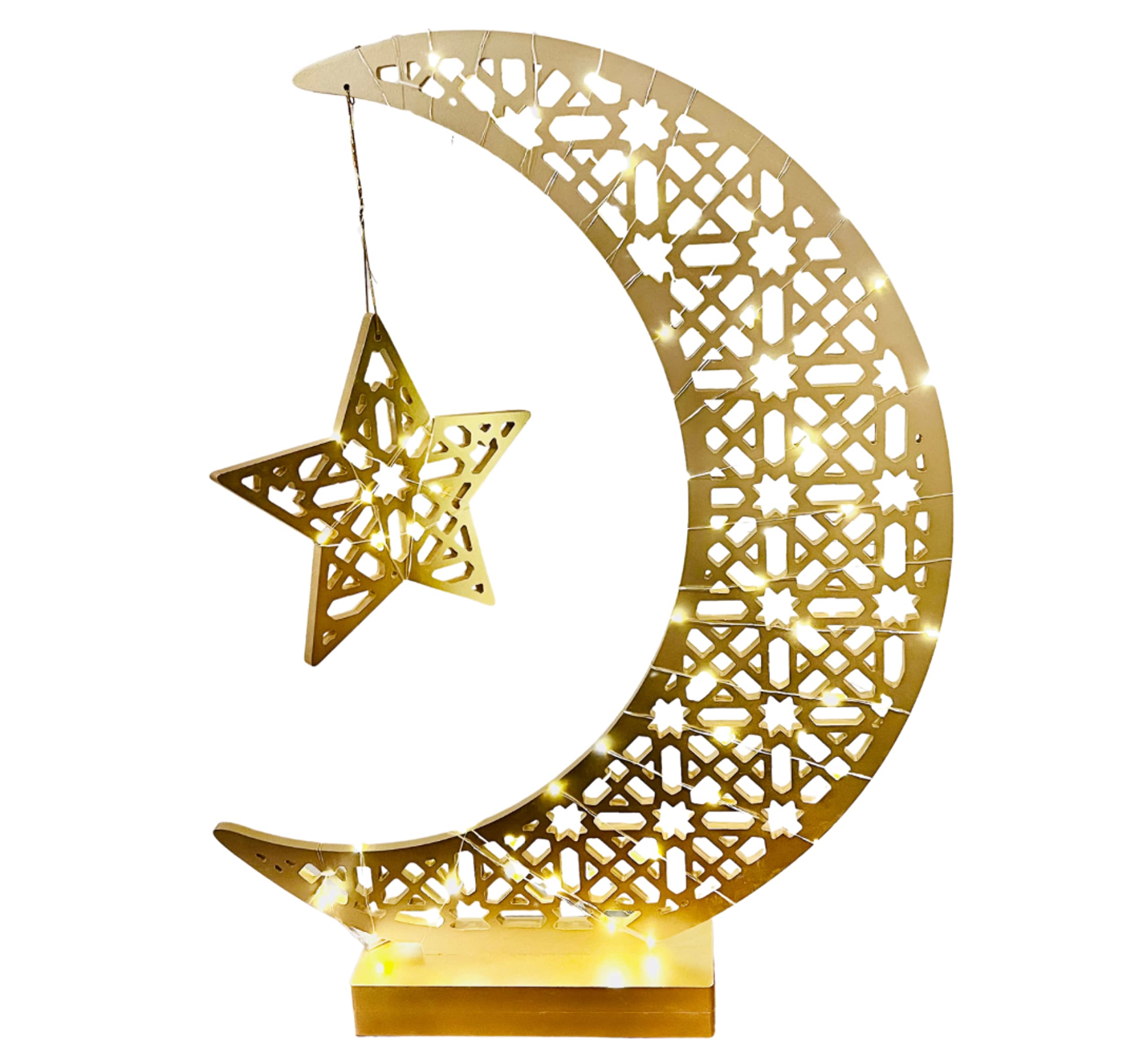 Home Decor String Moon Star Light Stand  Islamic Welcome Night Lights  Crescent Tree D?cor  Glittery Table D?cor  Big Wooden Moon Star with LED Fairy Lights 3ft (Gold  Medium)