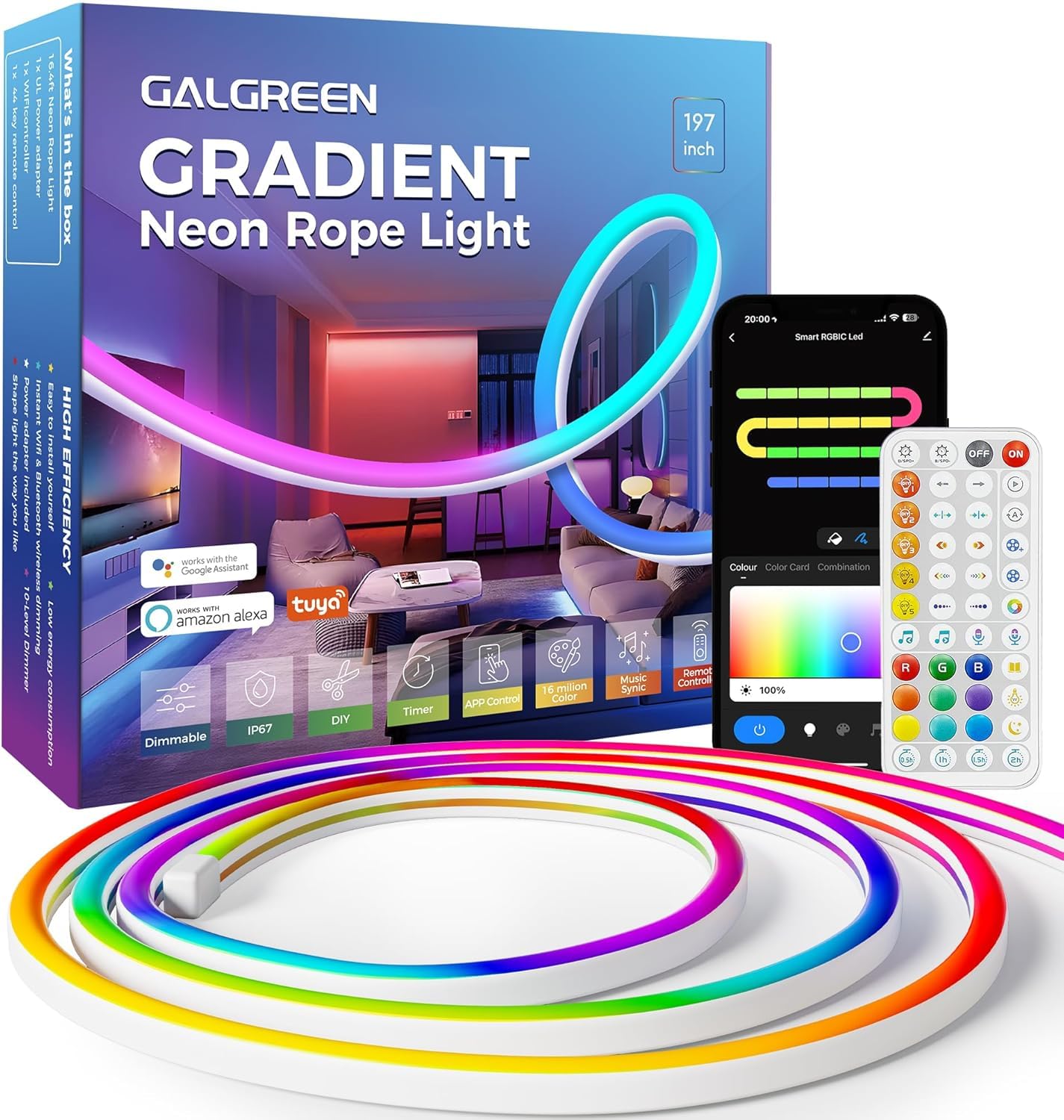 Galgreen Smart LED Neon Rope Lights, 16.4ft RGBIC, Waterproof, Music Sync, Alexa Compatible, Model AG002