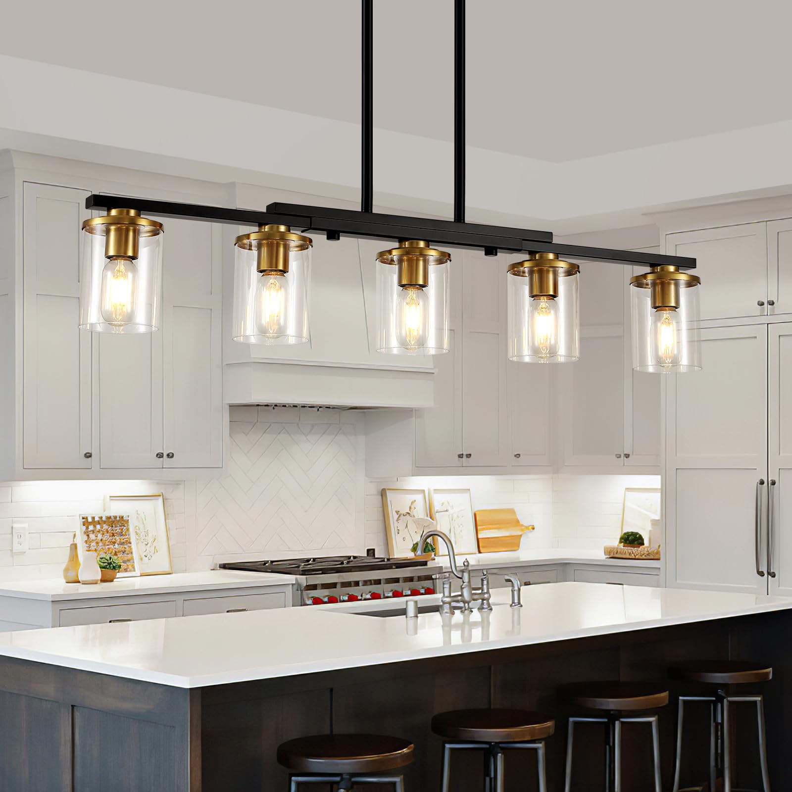 XvmBvm 5-Light Kitchen Island Lighting,Dining Room Lights Modern Farmhouse Chandelier with Clear Glass Shade,Modern Rustic Black