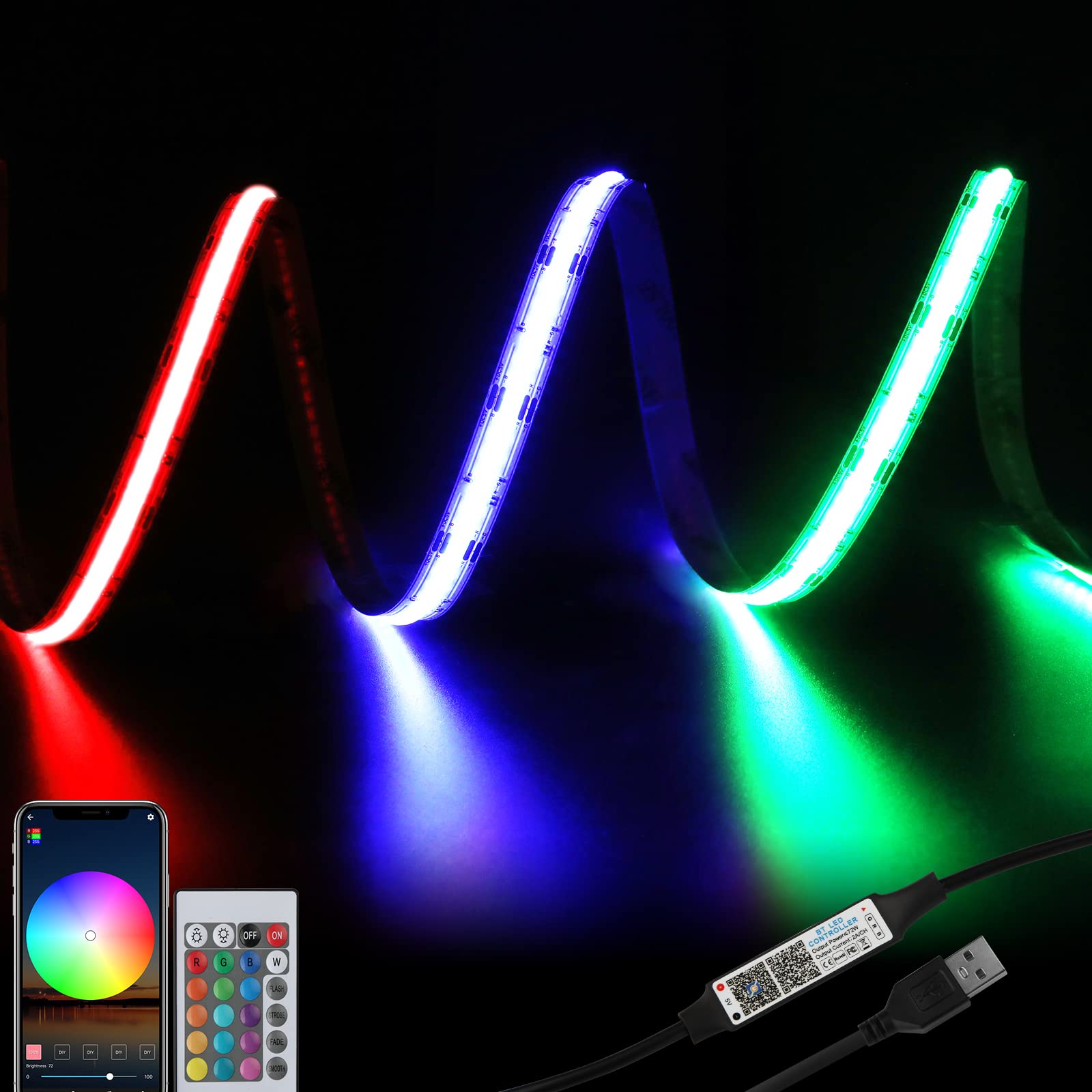 Usb Rgb Cob Led Strip Lights 4.92Ft,5V Color Changing Strip Light, Smart Light Strips App Control Music Sync Led Light Strip, Mu