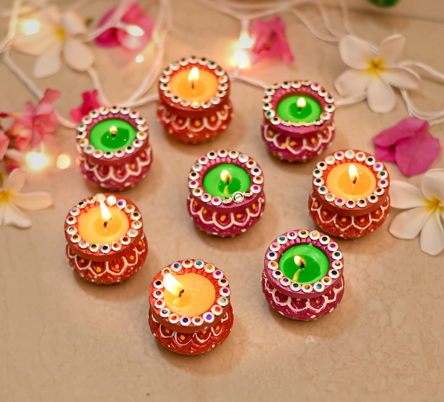Collectible India Terracotta Waxed Clay Diya Set Assorted Colors - Candles For Diwali Puja - Handpainted Diya Tealight Candles f